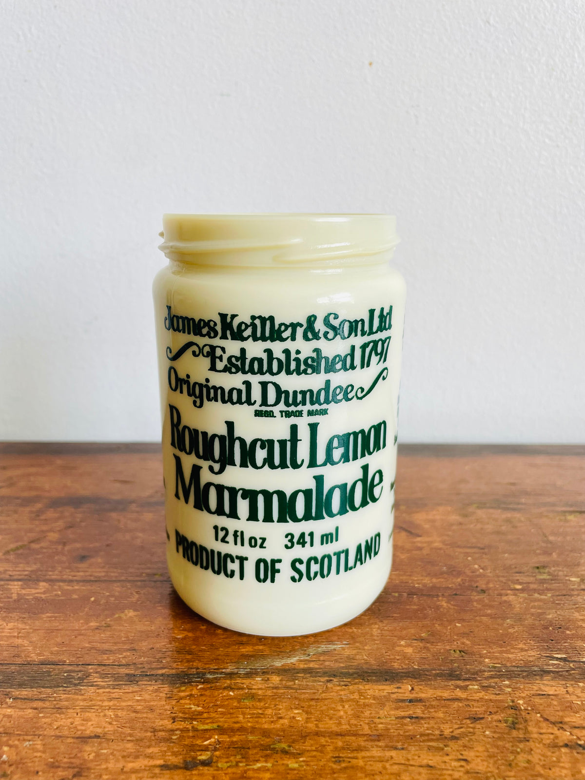 Vintage James Keiller & Son Ltd. Roughcut Lemon Marmalade Milk Glass Jar - Green Font In English & French for Canadian Distribution - Product of Scotland