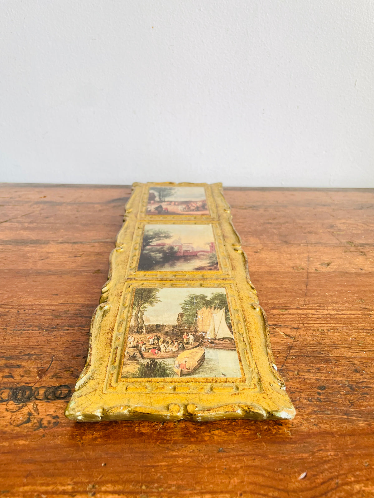 Vintage Italian Florentine Gold-Gilt Triple Landscape Wall Plaque Picture with European Art Print Scenes