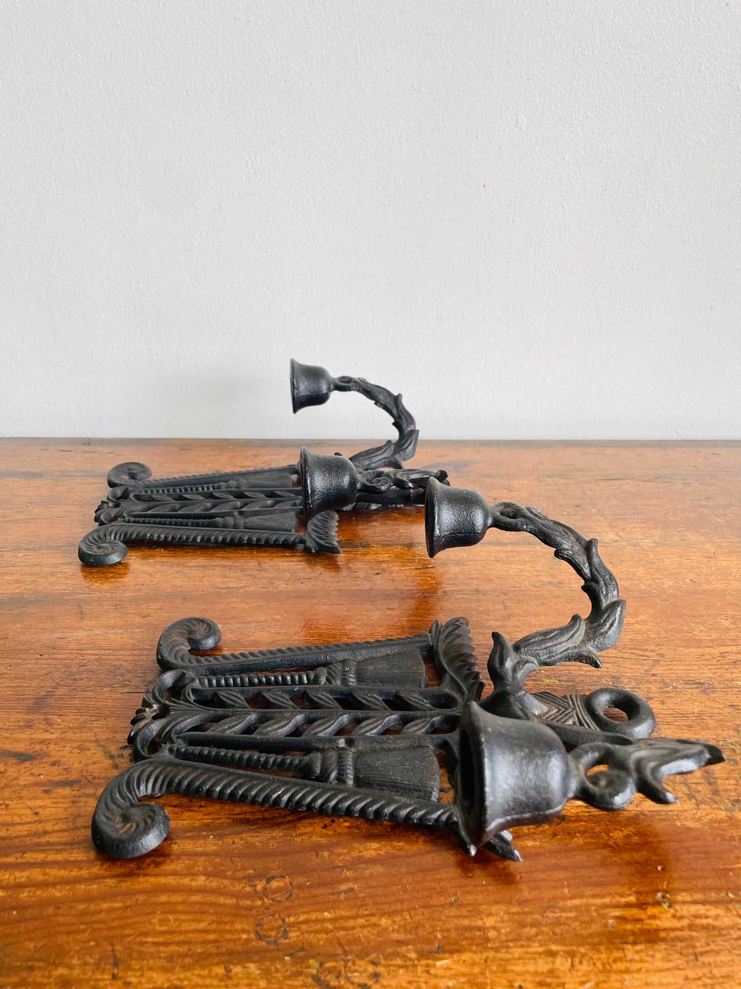 Vintage Wilton Cast Iron Double Candle Holder Wall Hanging Sconces - Set of 2