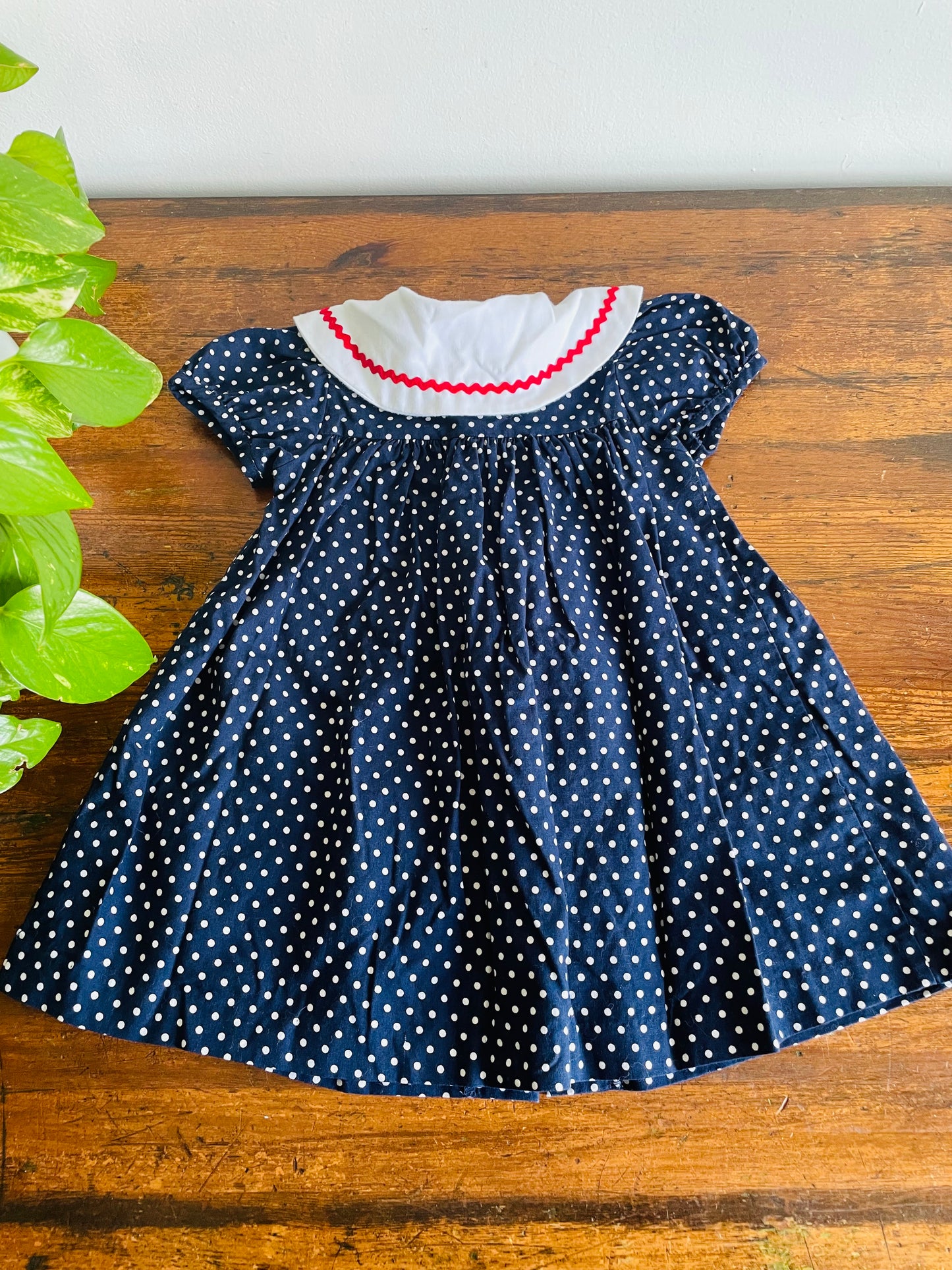 Rare Edition Brand 100% Cotton Navy Polka Dot Dress with ABC School Patches - Size 24 Months