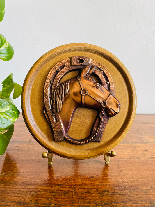 Vintage Round Wood & Copper Horseshoe & Horse Head 3D Plaque Picture - Equestrian Decor
