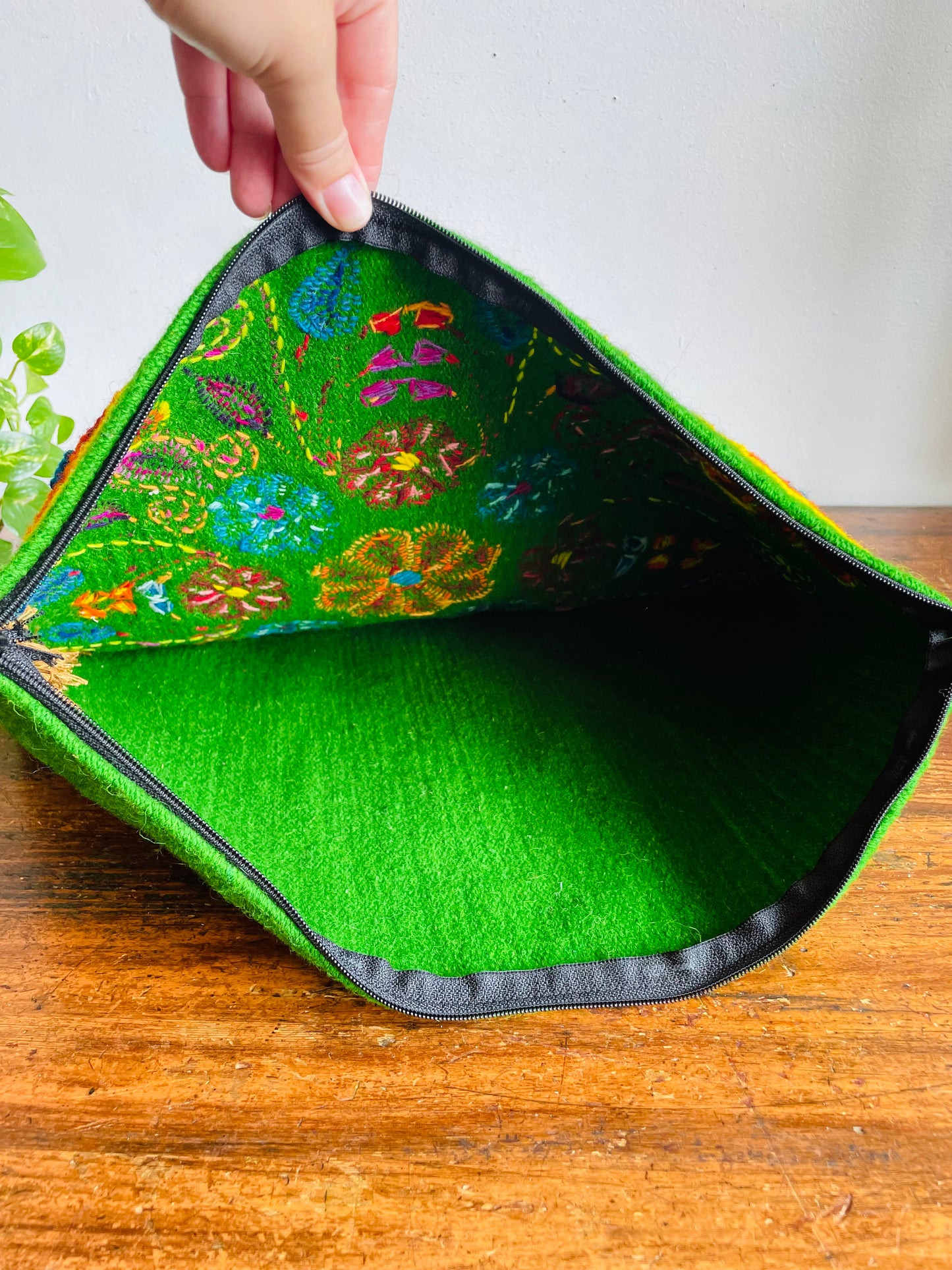 Vintage Green Zippered Wool Pillowcase Throw Pillow Cushion Cover with Fun & Bright Embroidered Folk Art Flower Design - Whimsical Decor