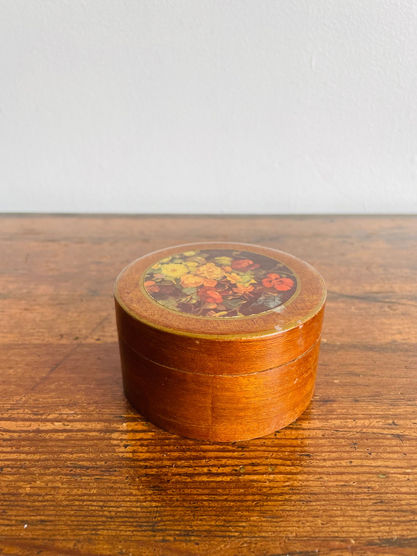 Round Wood & Tin Trinket Box with Floral Lid