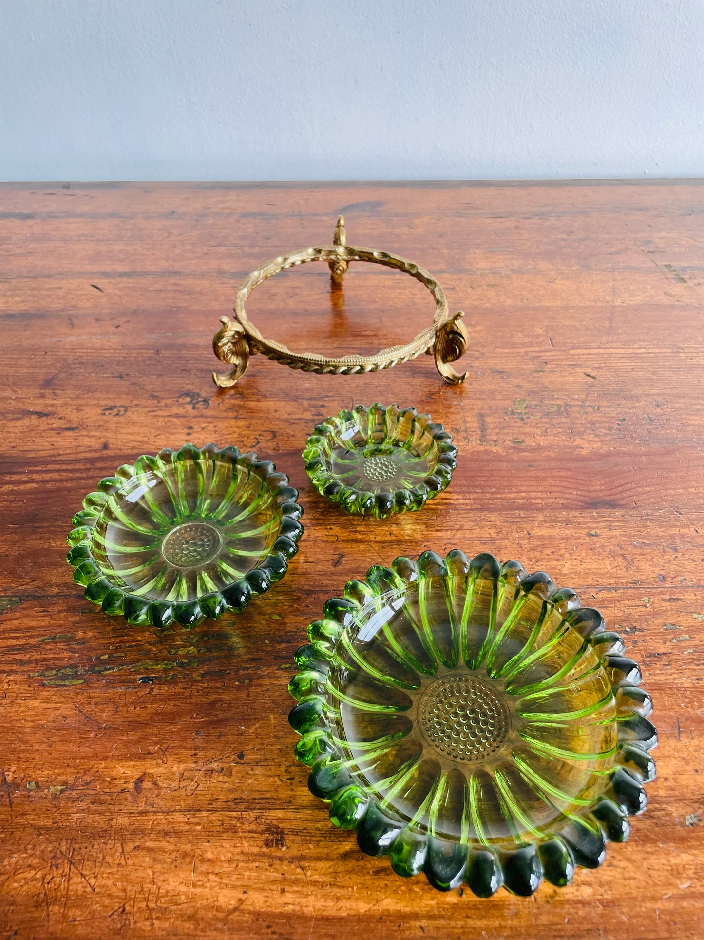 Hazel Atlas Green Glass Nesting Flower Ashtrays or Trinket Dishes in Solid Brass Holder - Set of 4 Pieces