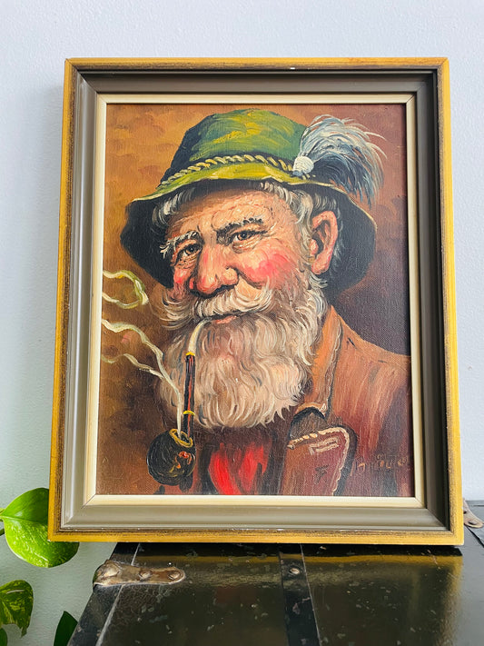 Vintage Original Art Painting Picture - Portrait of a Bavarian Man Wearing a Tyrolean Hat with Feather Plume & Smoking a Pipe