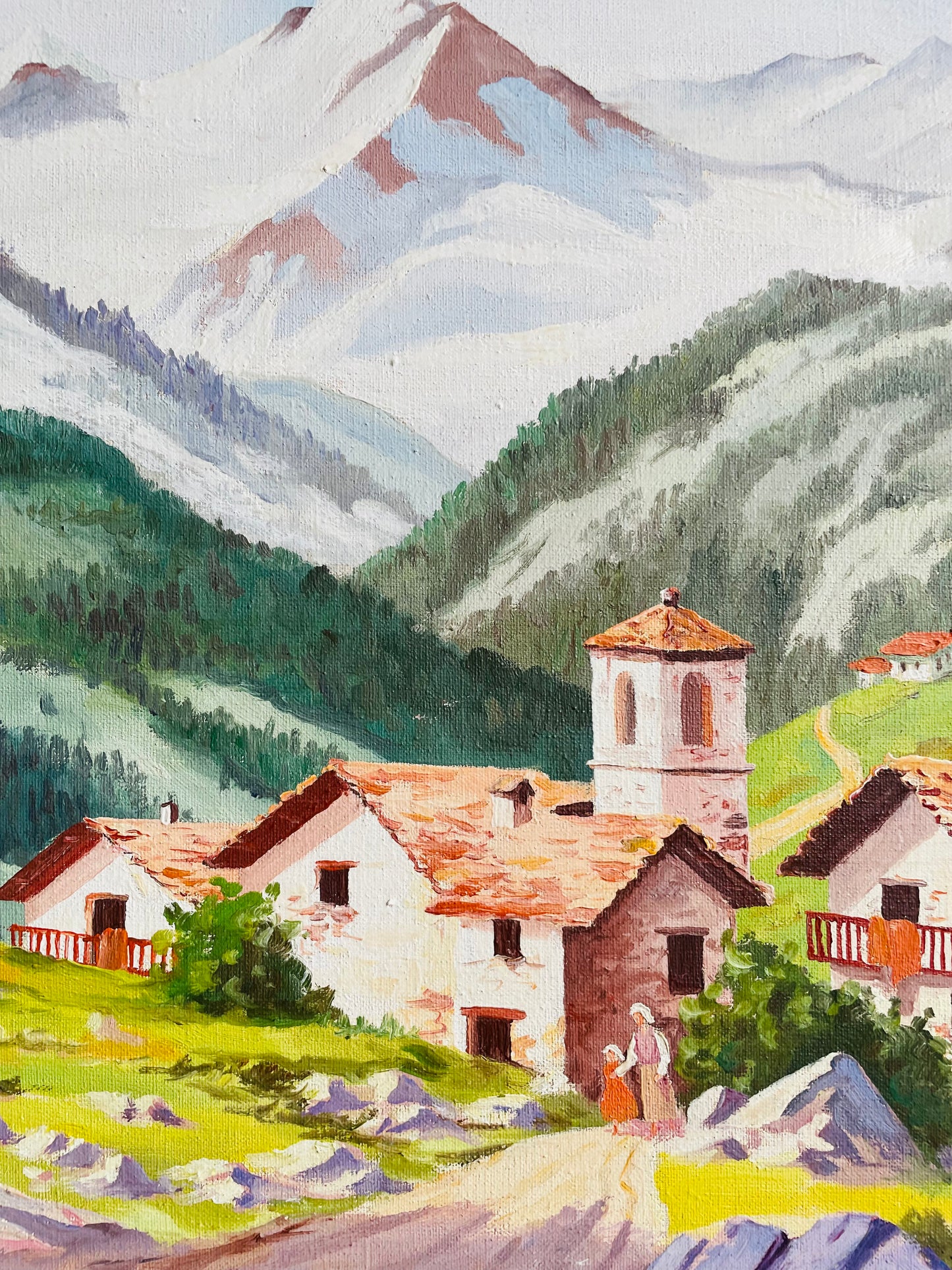 Vintage 1954 Original Art Painting Picture - Swiss Alps Mountain Scene with House & Woman Walking with Little Girl - Artist Signed