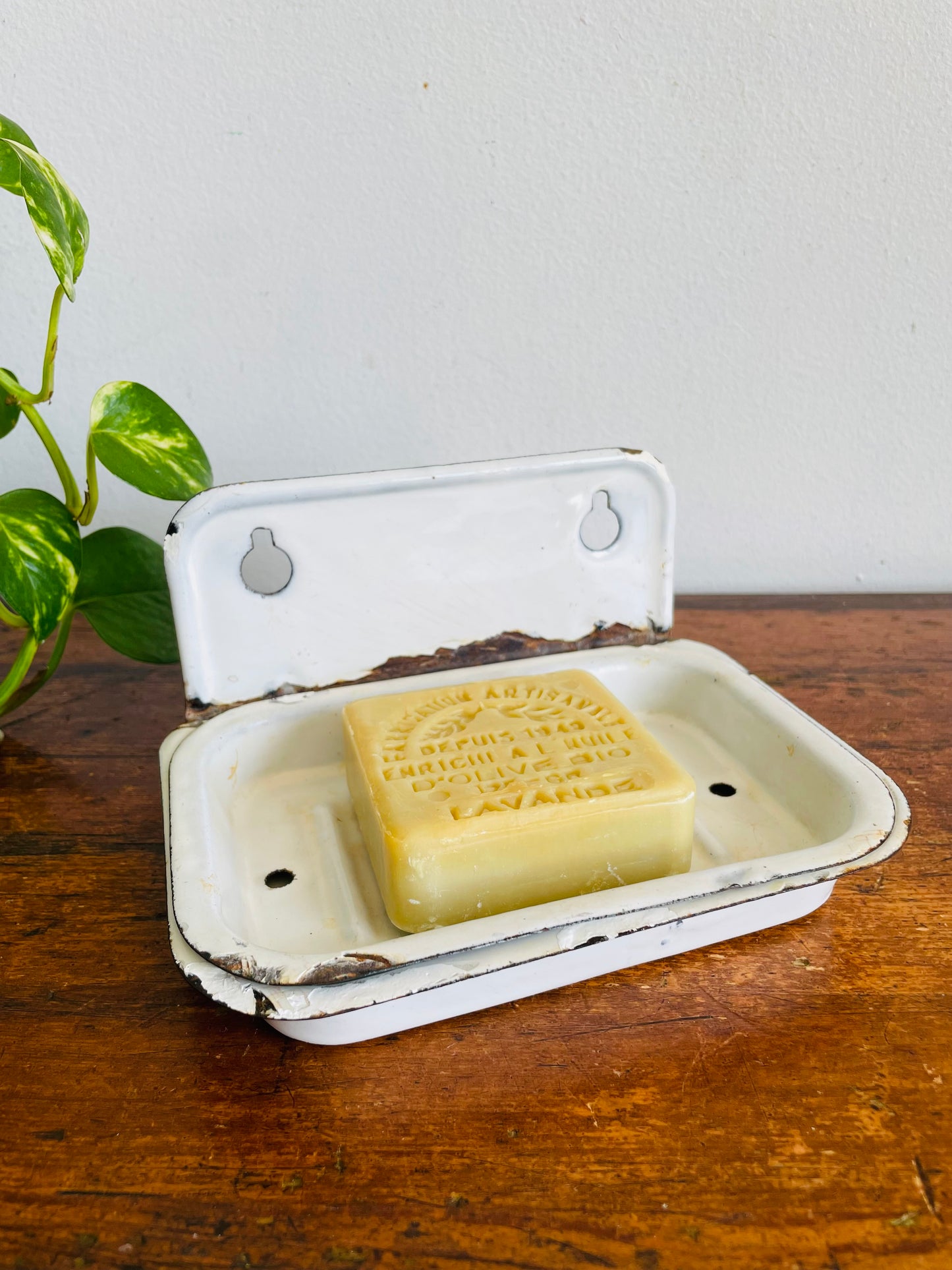 Vintage White Enamel Wall Mount Two Part Soap Dish - Removable Drainage Tray  - Can Stand or Hang - Modern Cottage Farmhouse