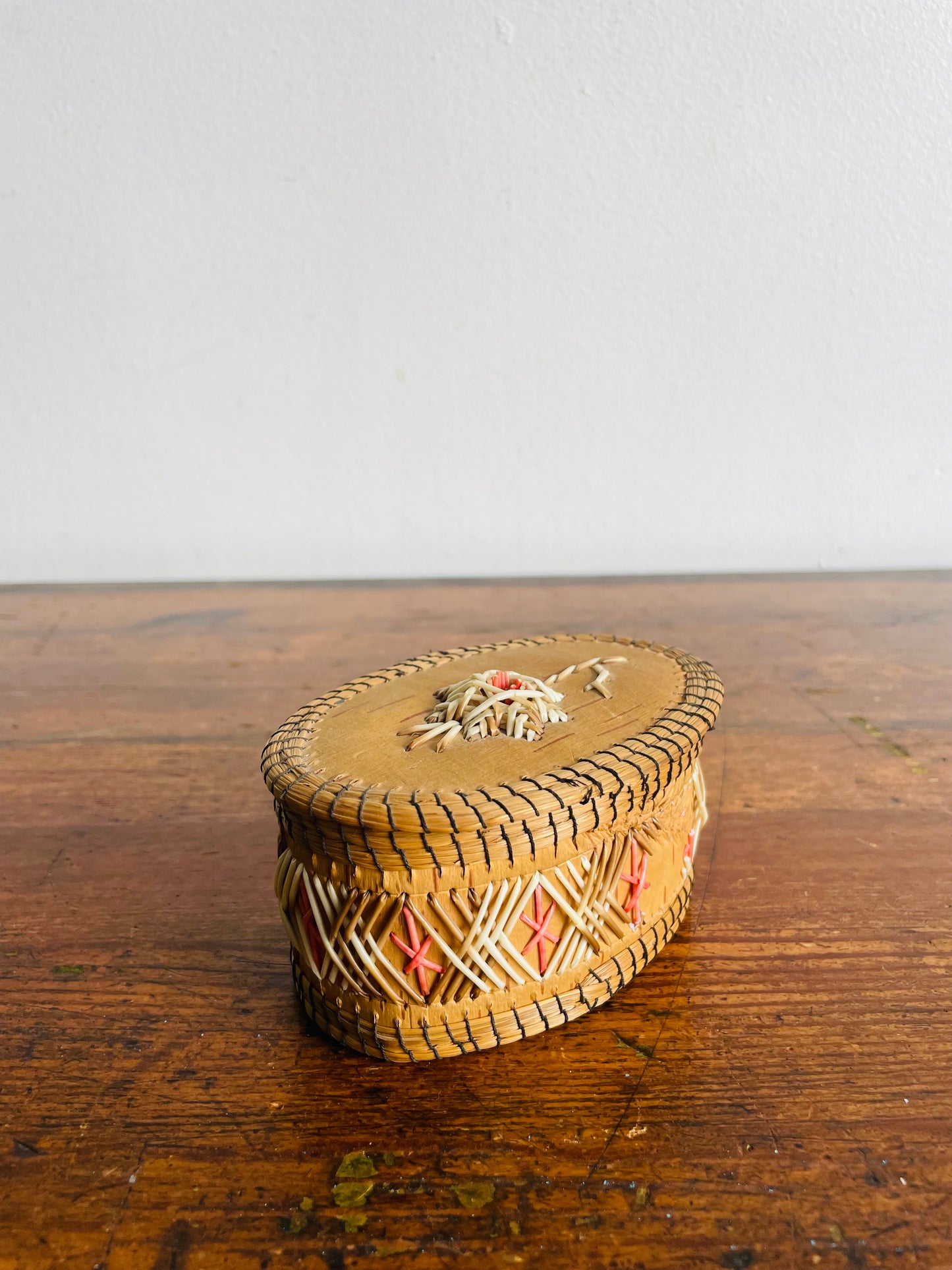 Indigenous Birch Bark & Porcupine Quill Oval Shaped Box with Lid