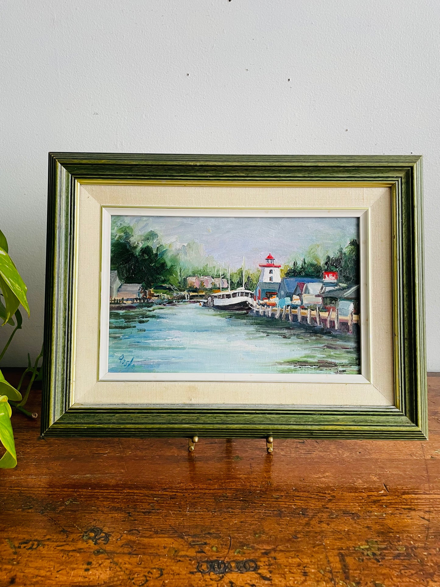 Vintage Original Art Painting Picture of Boats Along Pier in Green Wood Frame - Artist Signed