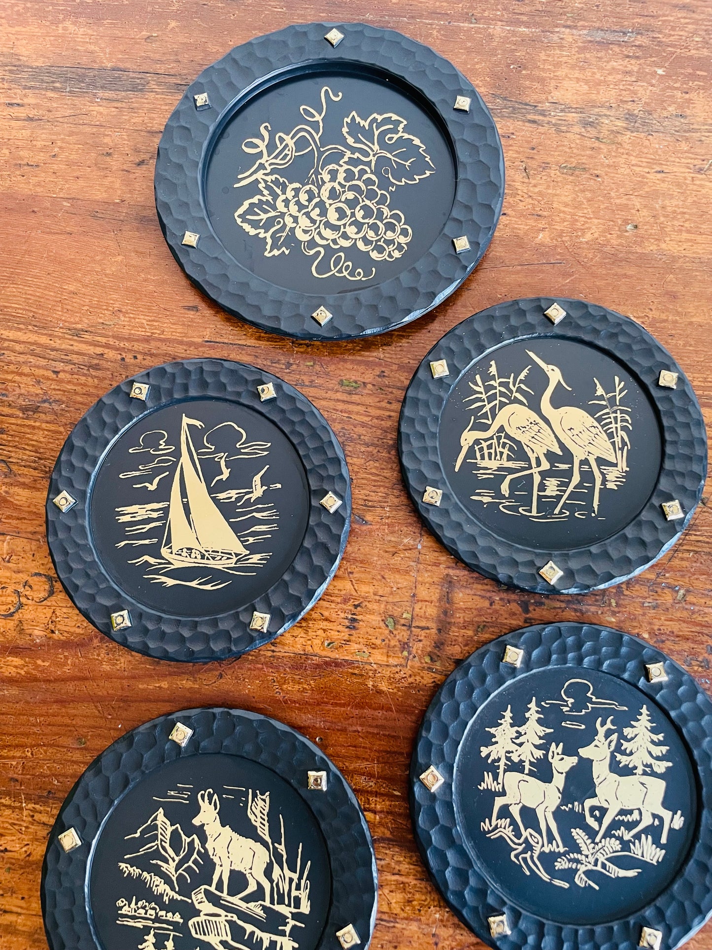 Embossed Gold & Black Woodland Creatures Coasters - Set of 6 with Holder Base