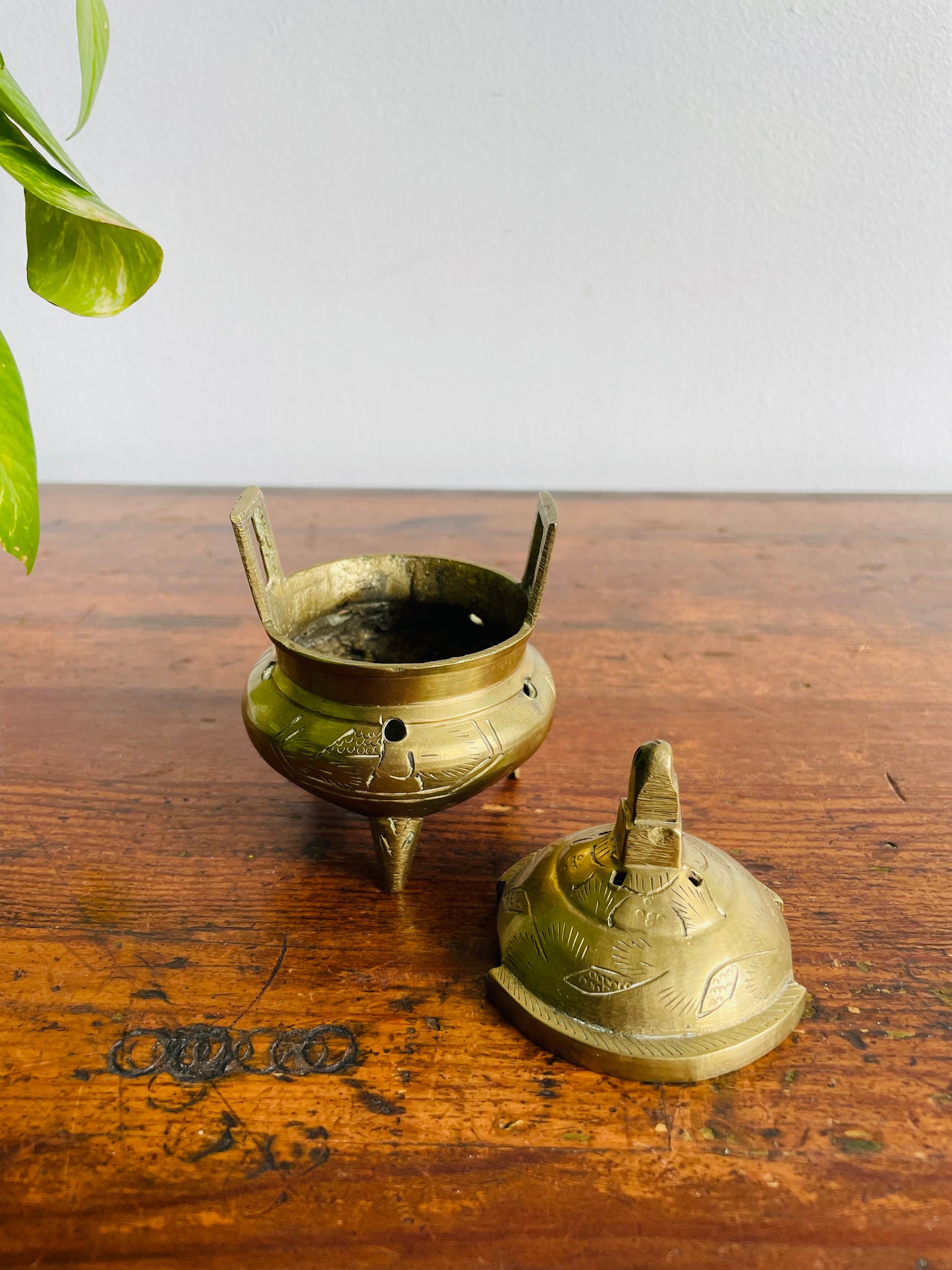 Chinese Etched Brass Footed Incense Burner with Lid & Handles