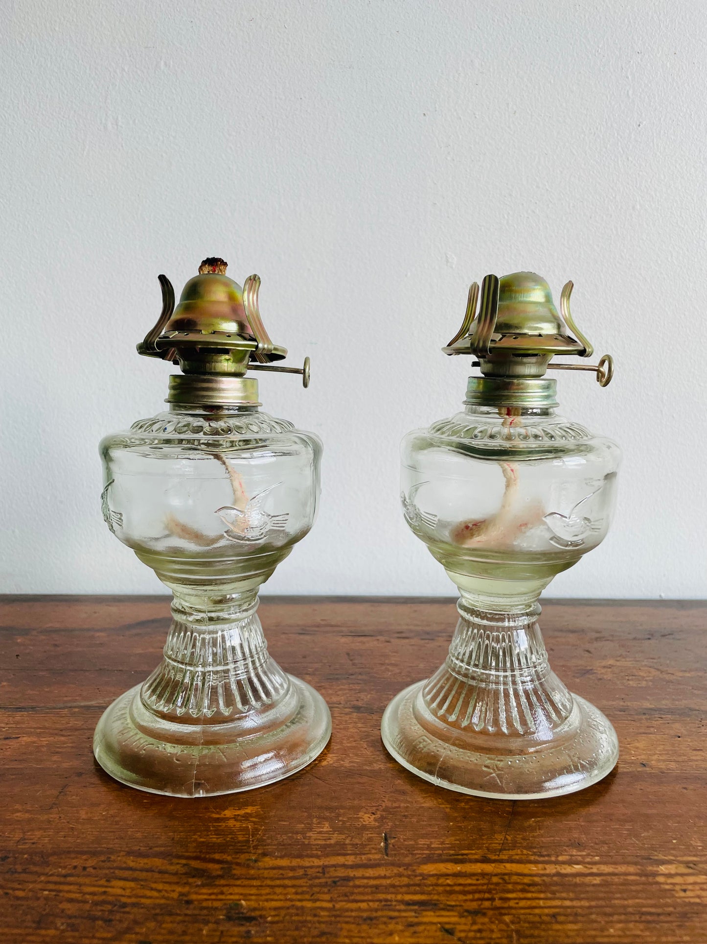 An Qing China Flying Birds Clear Glass Oil Lamps - Set of 2
