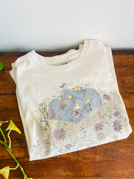 Vintage Northern Reflections 100% Cotton Cream T-Shirt with Birds Playing on Mailboxes Scene - Oversized Large - Made in Canada