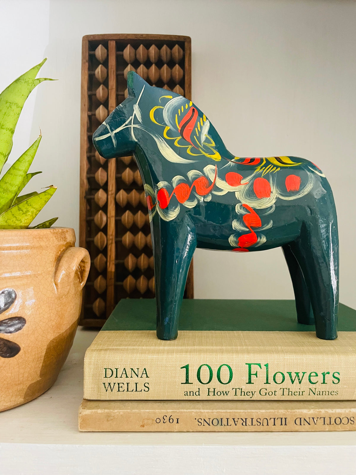 Vintage Swedish Painted Blue & Red Wood Dala Horse Figurine - Nils Olsson Scandinavian Folk Art