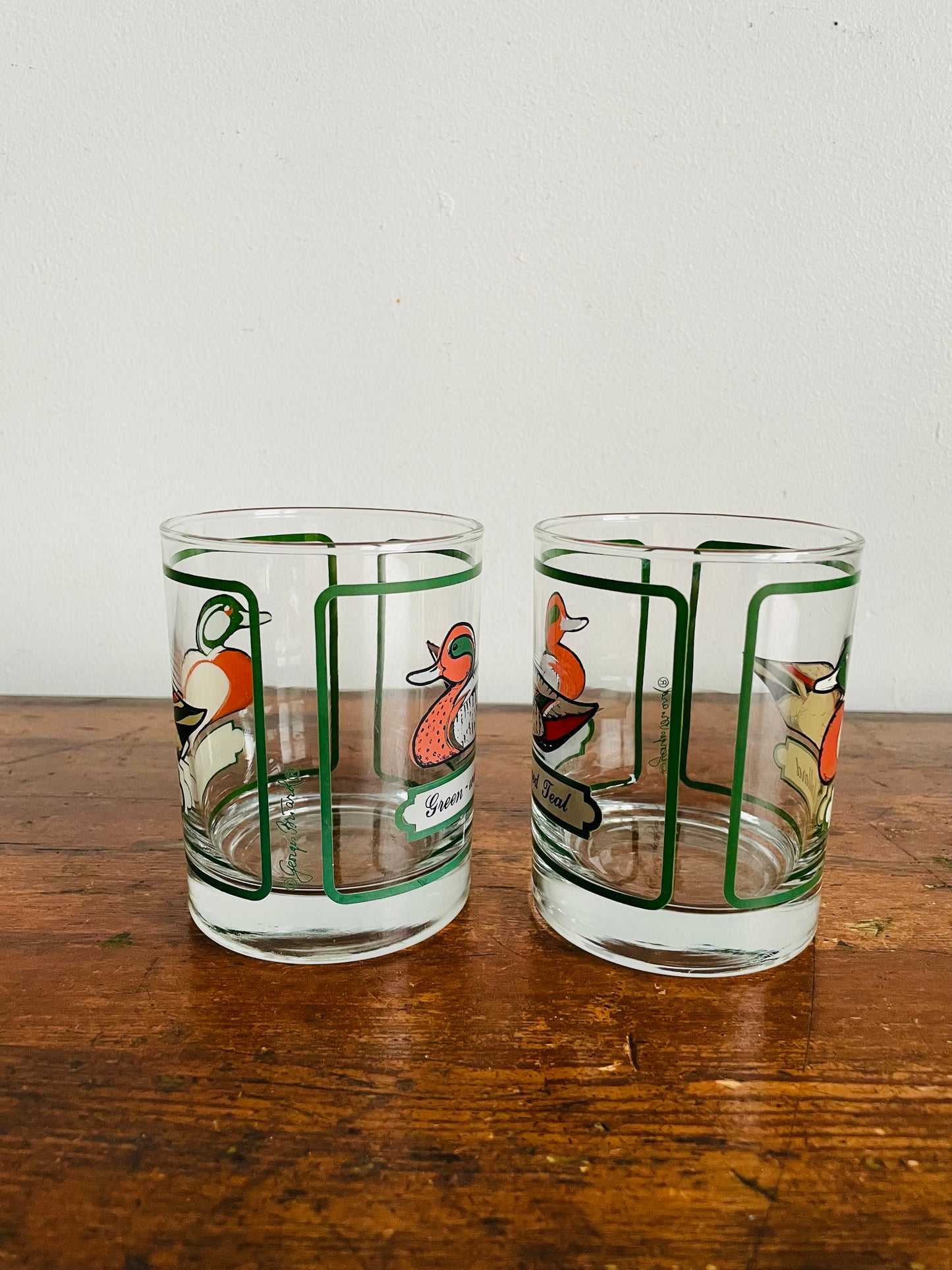 Vintage Georges Briard Heavy-Bottomed Bird Tumbler Drinking Glasses - Green-Winged Teal & Mallard Ducks - Set of 2