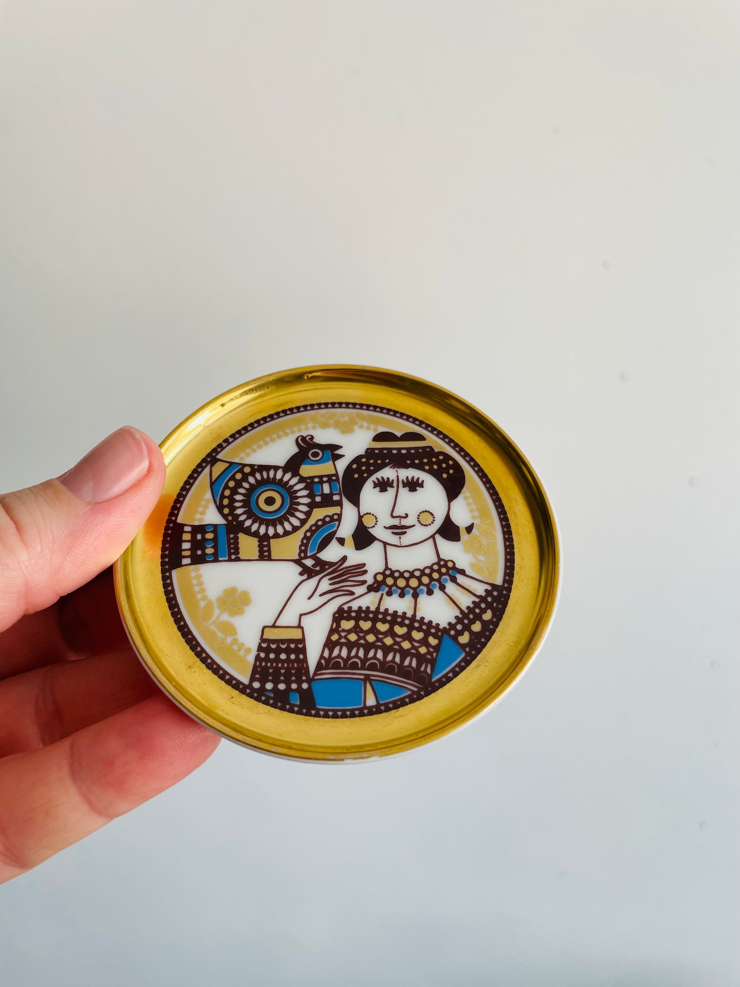 Vintage Maastricht Mosa of Holland Miniature Porcelain Gold, Brown & Blue Plate with Woman & Bird Design - Ring Dish / Butter Pat / Jewellery - Franklin Mint Miniature Plates of the World Collection