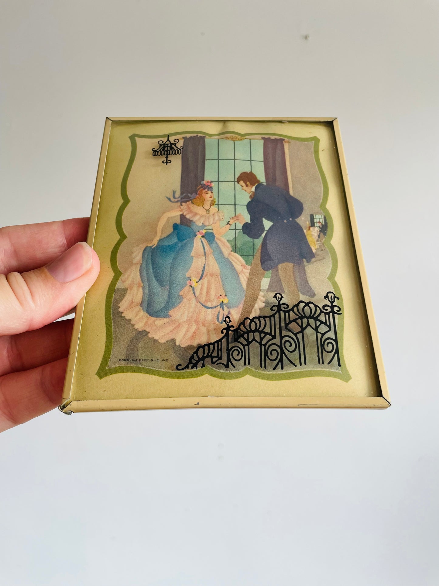 Mini Copr. S. Colef Reverse Painted Silhouette Lithograph Picture on Convex Bubble Glass - Courting Couple Greeting