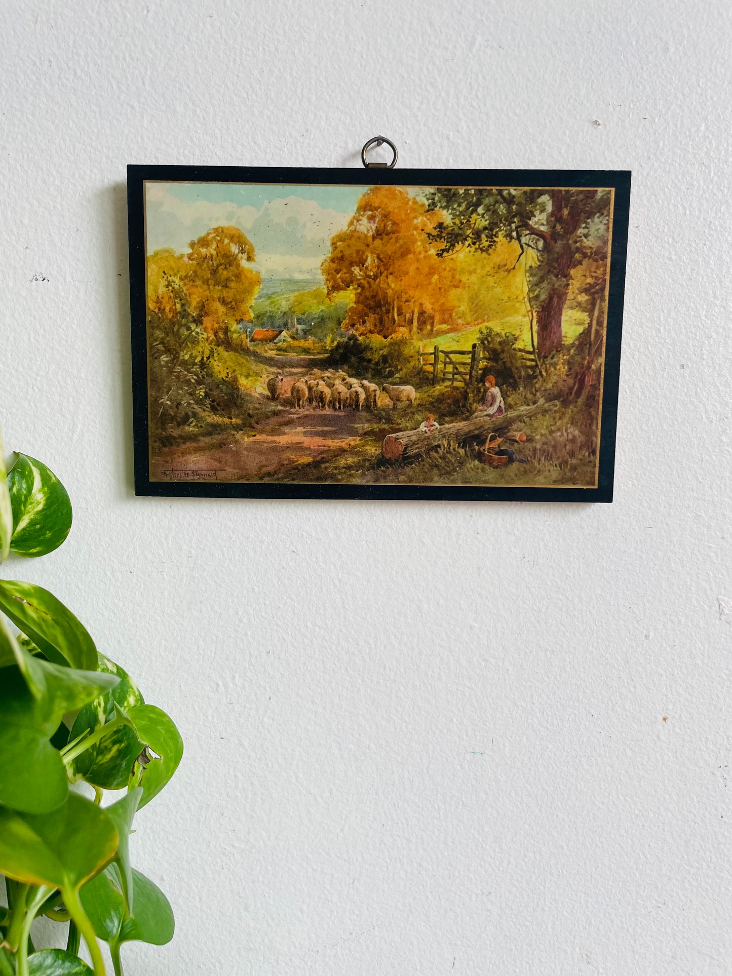 Vintage Print Picture on Wood Plaque with Country Road, Farm, Sheep, Mother & Child, Picnic Scene