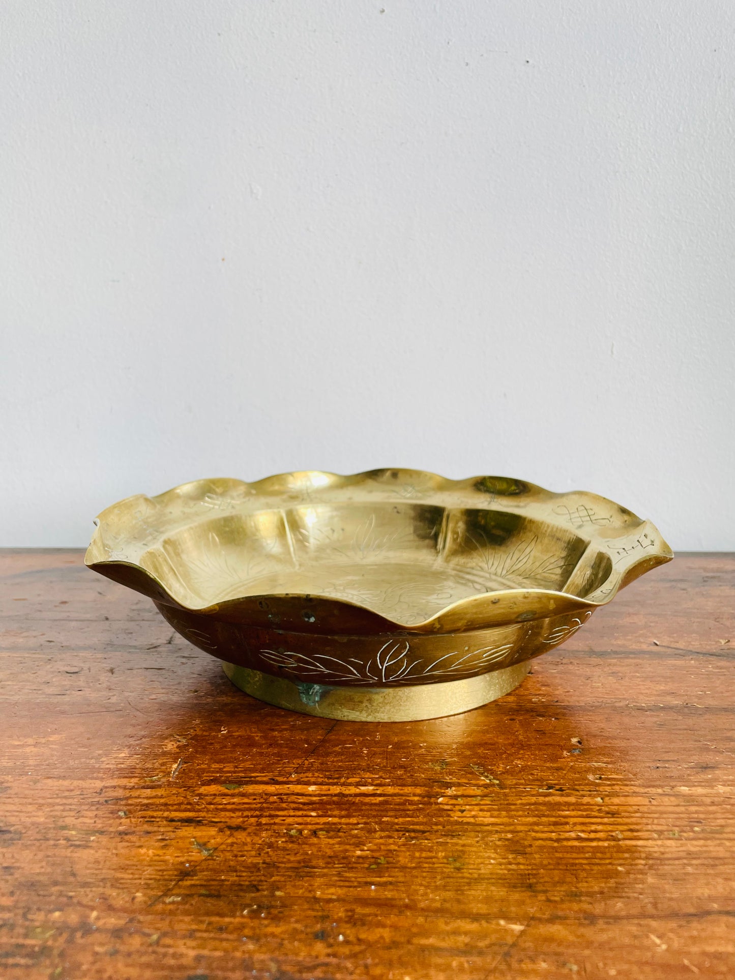 Vintage Solid Chinese Brass Footed Bowl with Etched Dragon Design