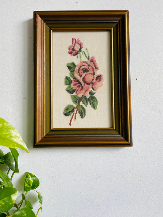 Vintage Pink Rose Flower Petit Point Needlepoint Embroidery Picture