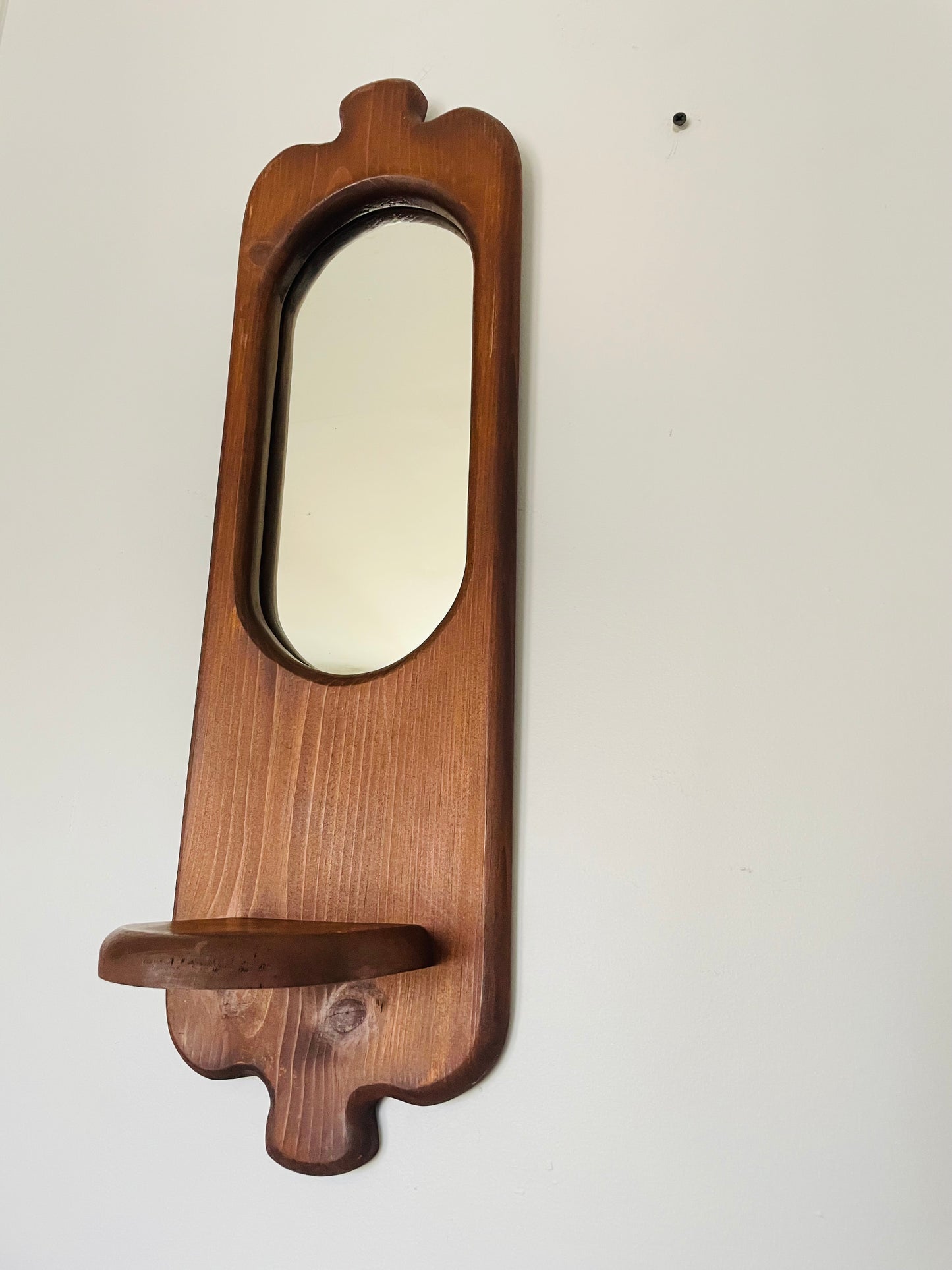 Vintage Organic Wavy Shaped Wood Mirror with Shelf Ledge #2 - 2 Feet Long - No Shipping