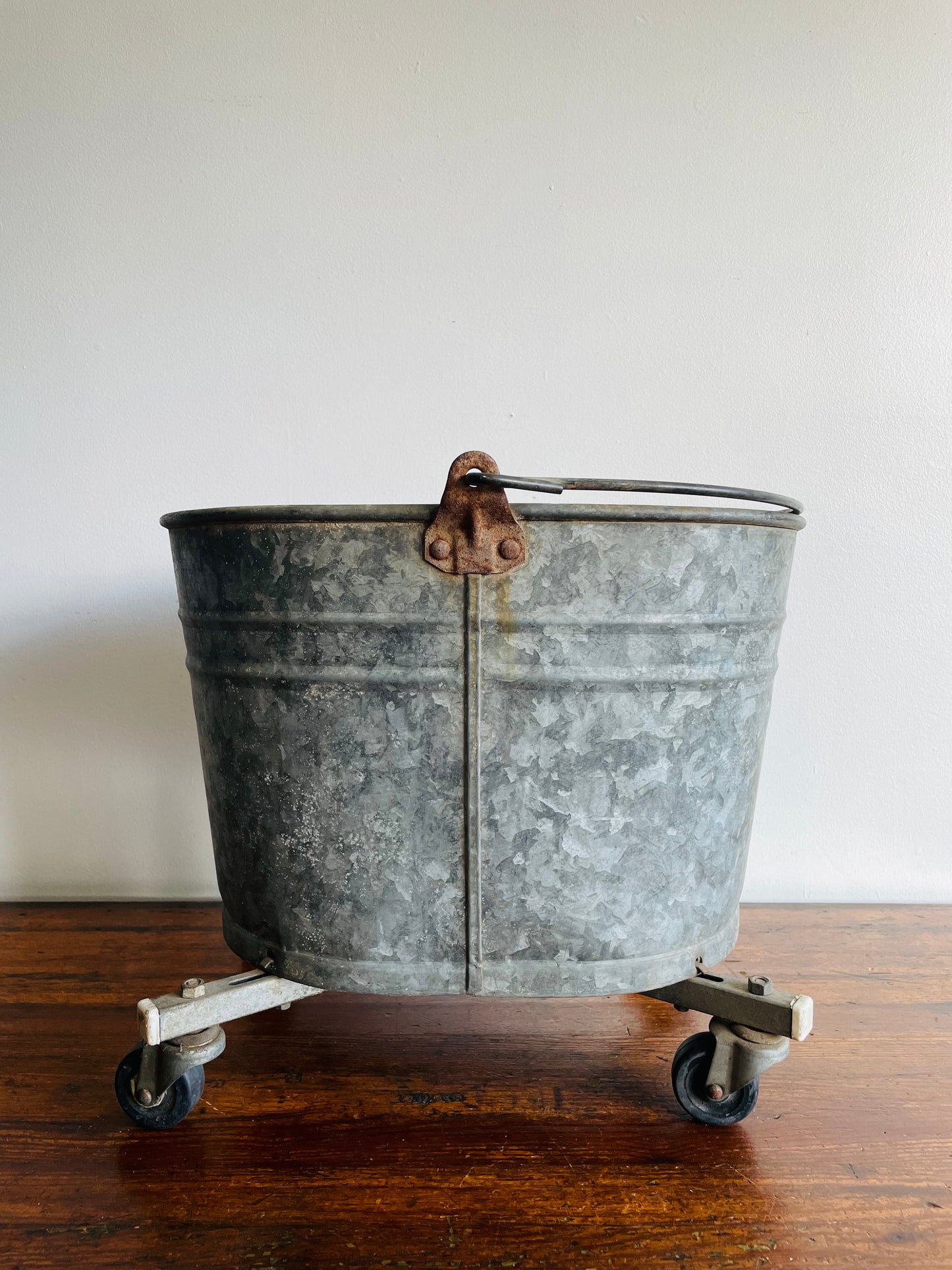 Rustic Galvanized Steel Mop Bucket on Caster Wheels with Handle - White Mop Wringer Co. of Canada - Paris, Ontario