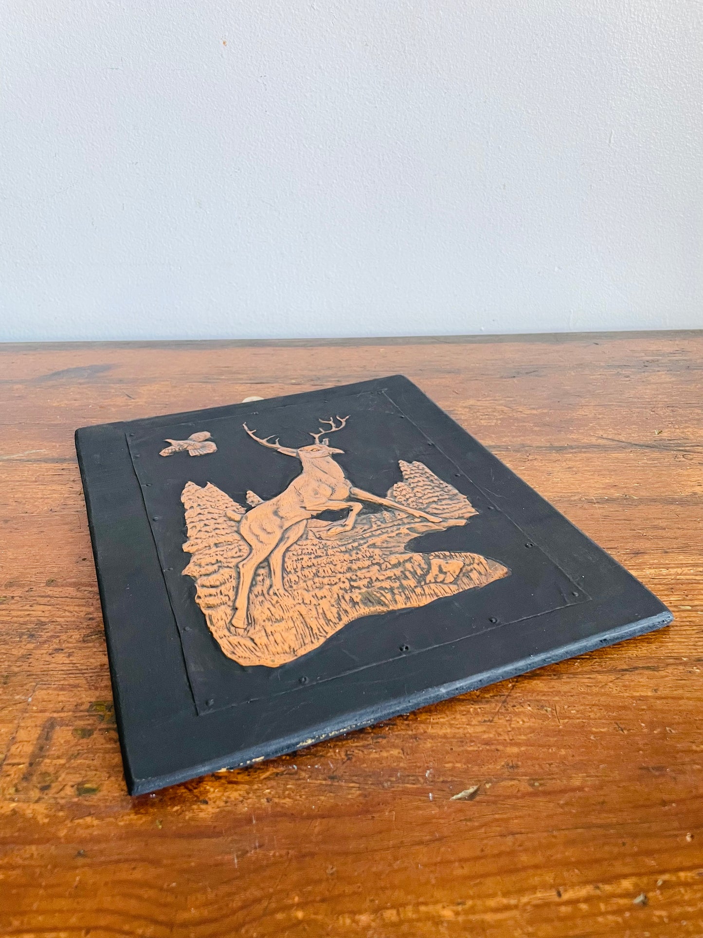 Vintage Embossed Copper on Black Background Picture of Stag Deer & Bird in Flight