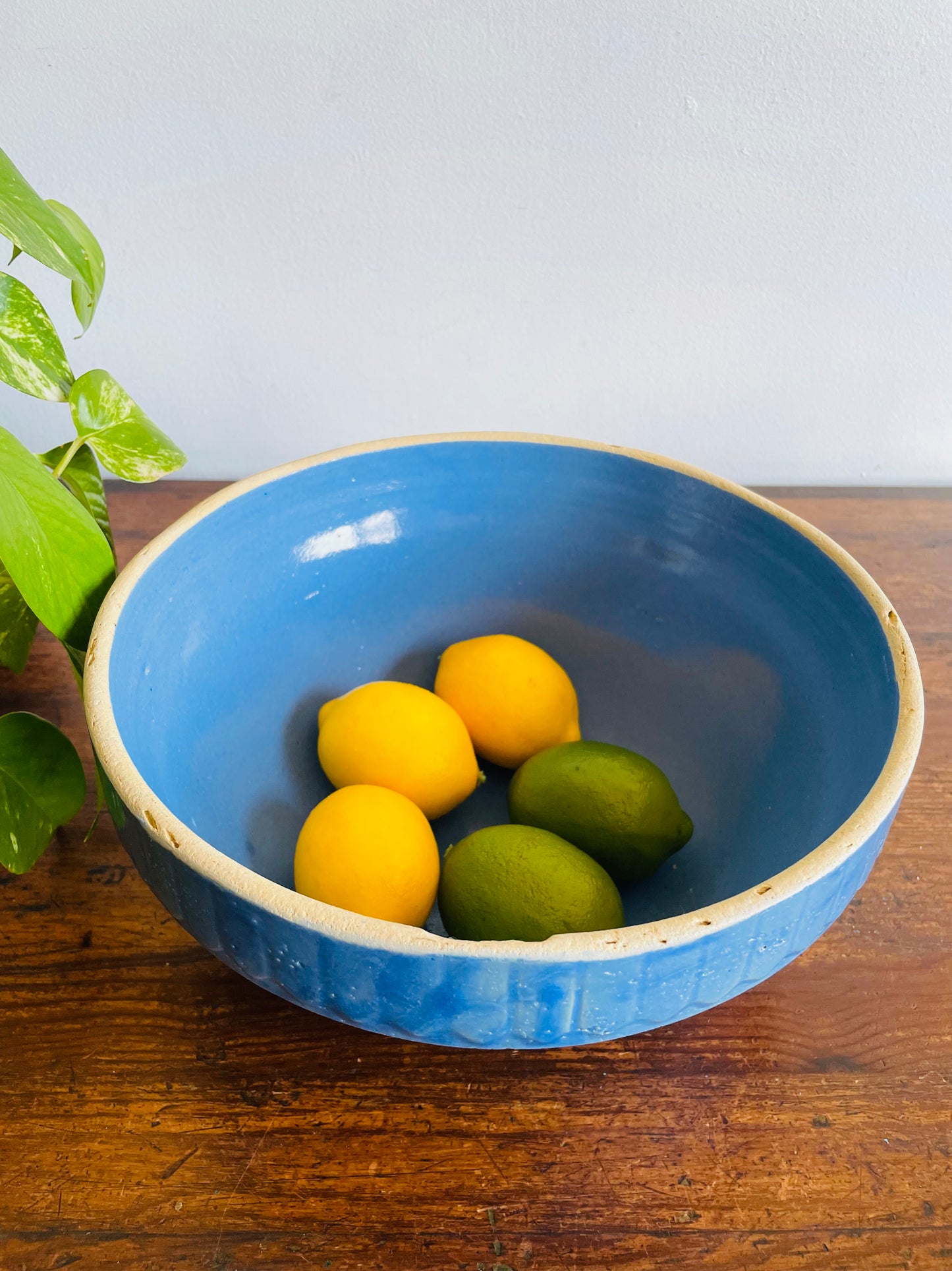 Large Blue Salt Glaze Stoneware Pottery Mixing Bowl with Picket Fence & Inverted Triangle Design