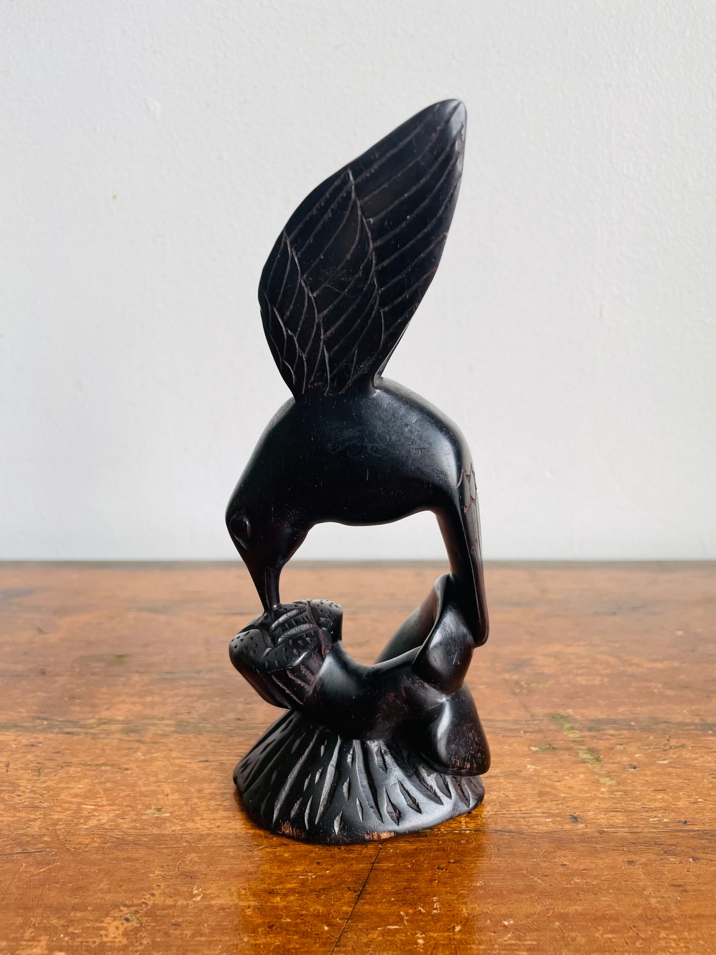 Vintage Hand Carved Dark Wood Hummingbird & Flower Sculpture