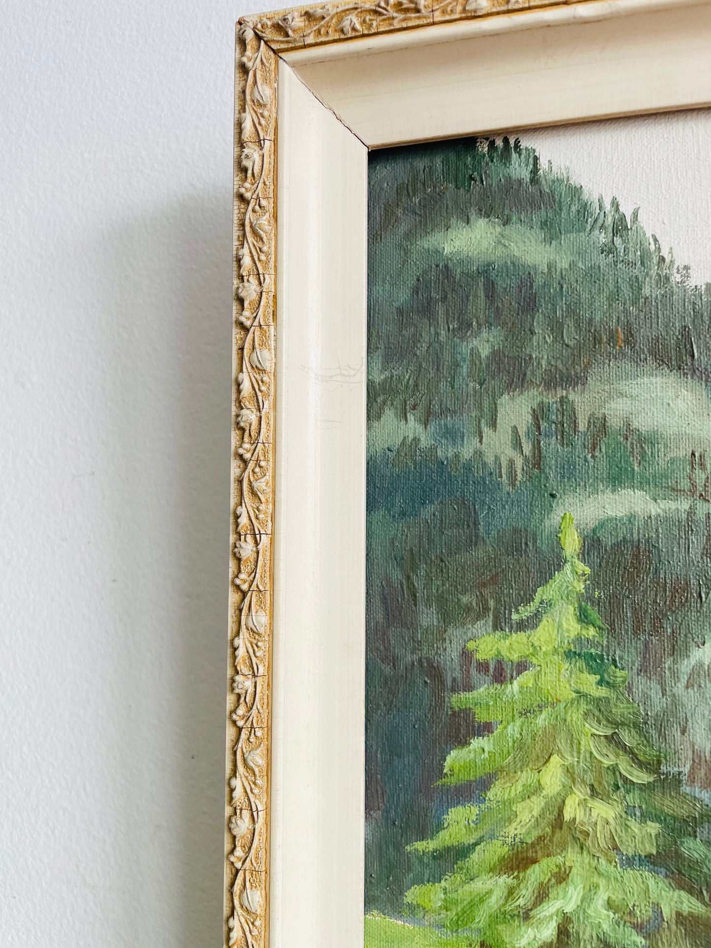 Vintage 1954 Original Art Painting Picture - Swiss Alps Mountain Scene with House & Woman Walking with Little Girl - Artist Signed