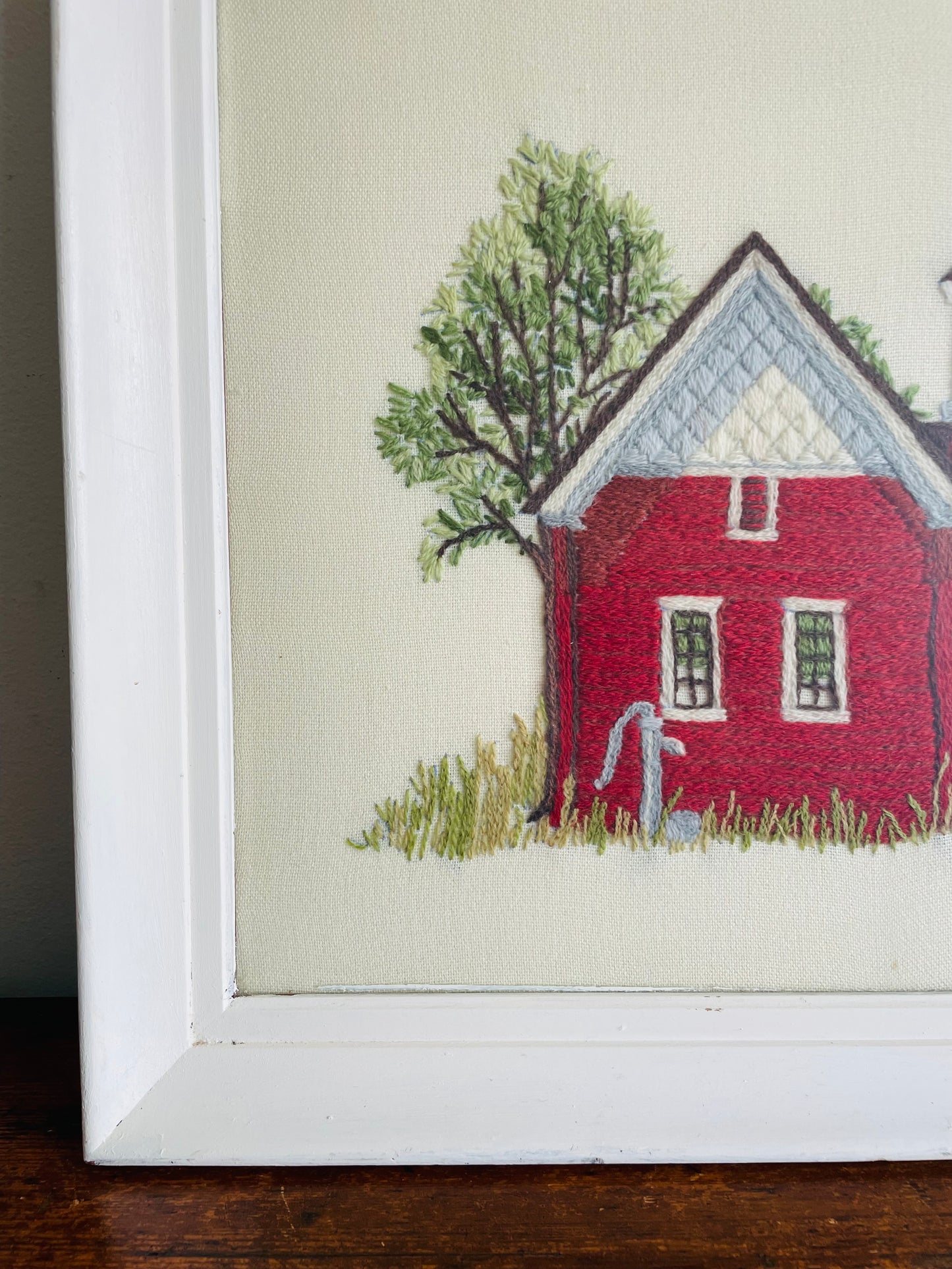 Absolutely Adorable Framed Crewel Needlepoint Embroidery Picture of Red One Room Schoolhouse