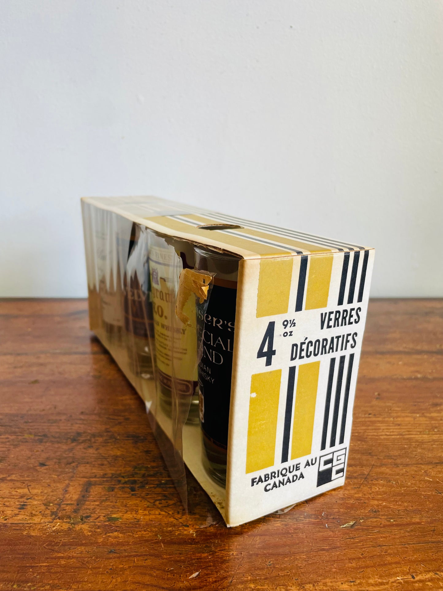 Vintage New Old Stock Canadian Whisky Drinking Glasses - Canadian Club, Black Velvet, Seagram's V.O. & Wiser's - Set of 4 in Original Box - Made in Canada