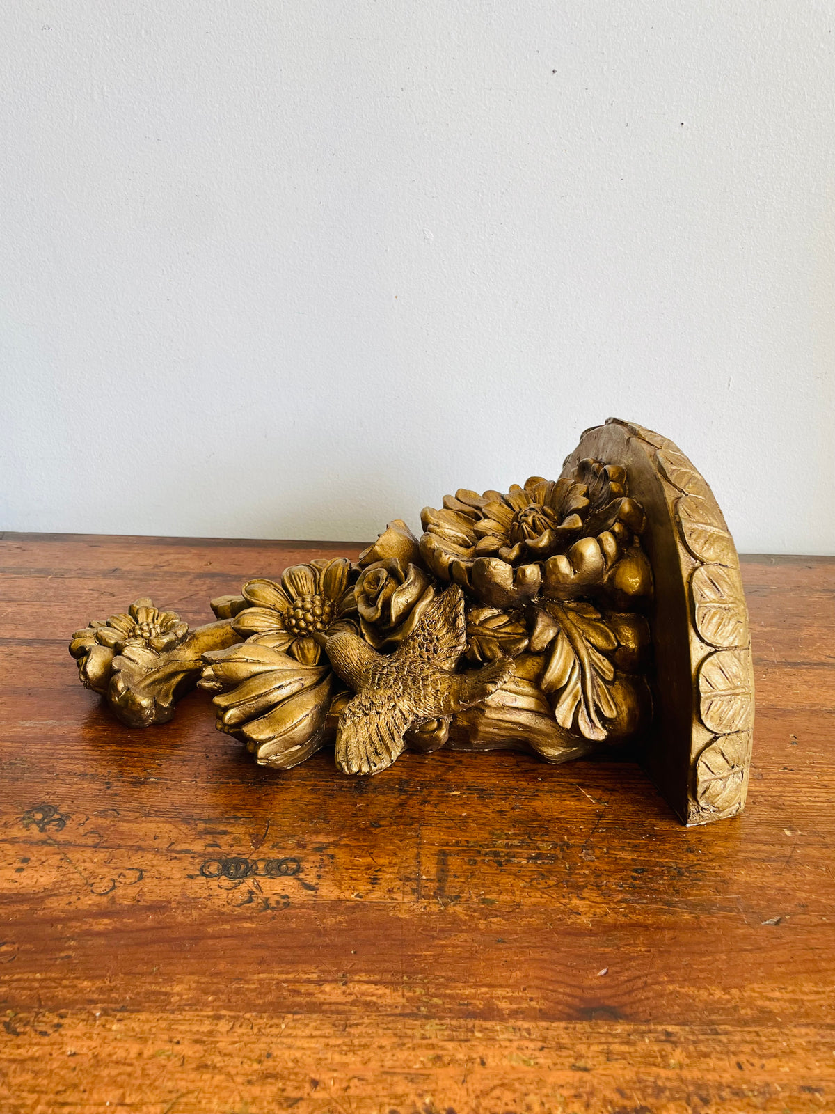 Vintage Gold Wall Floating Hanging Wall Shelf with Ornate Flower and Hummingbird Design