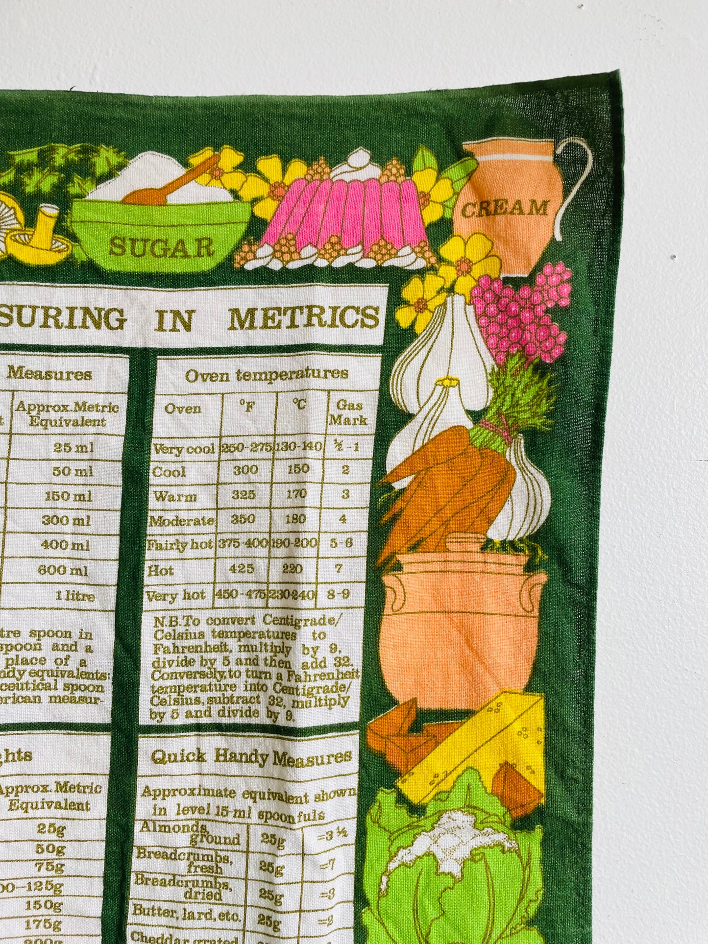 Vintage Irish Linen Tea Towel with Measuring In Metrics Guide & Adorable Bright Graphics - Old Bleach Made in Ireland