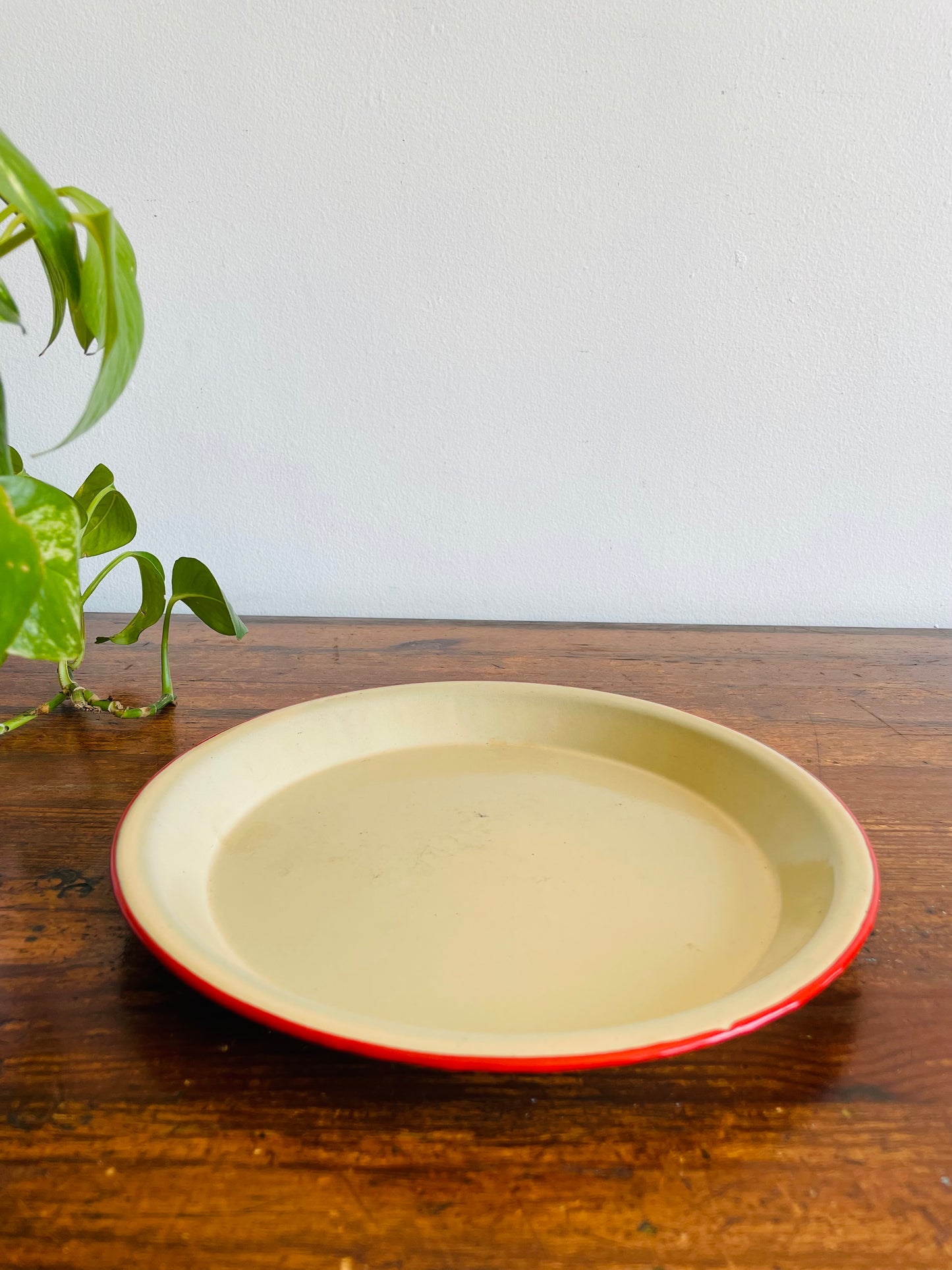 Cream Enamelware 9.75" Shallow Pie Dish or Rimmed Plate with Red Rim