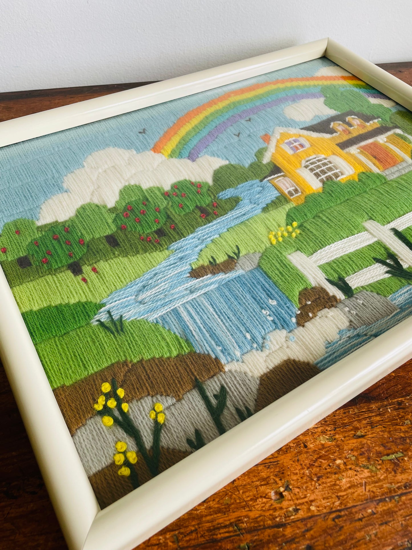 Vintage Absolutely Adorable Cheerful & Bright Crewel Embroidery Picture of Yellow House Under Rainbow - Signed on Back: To Adam Love Mommy & Daddy July 1986