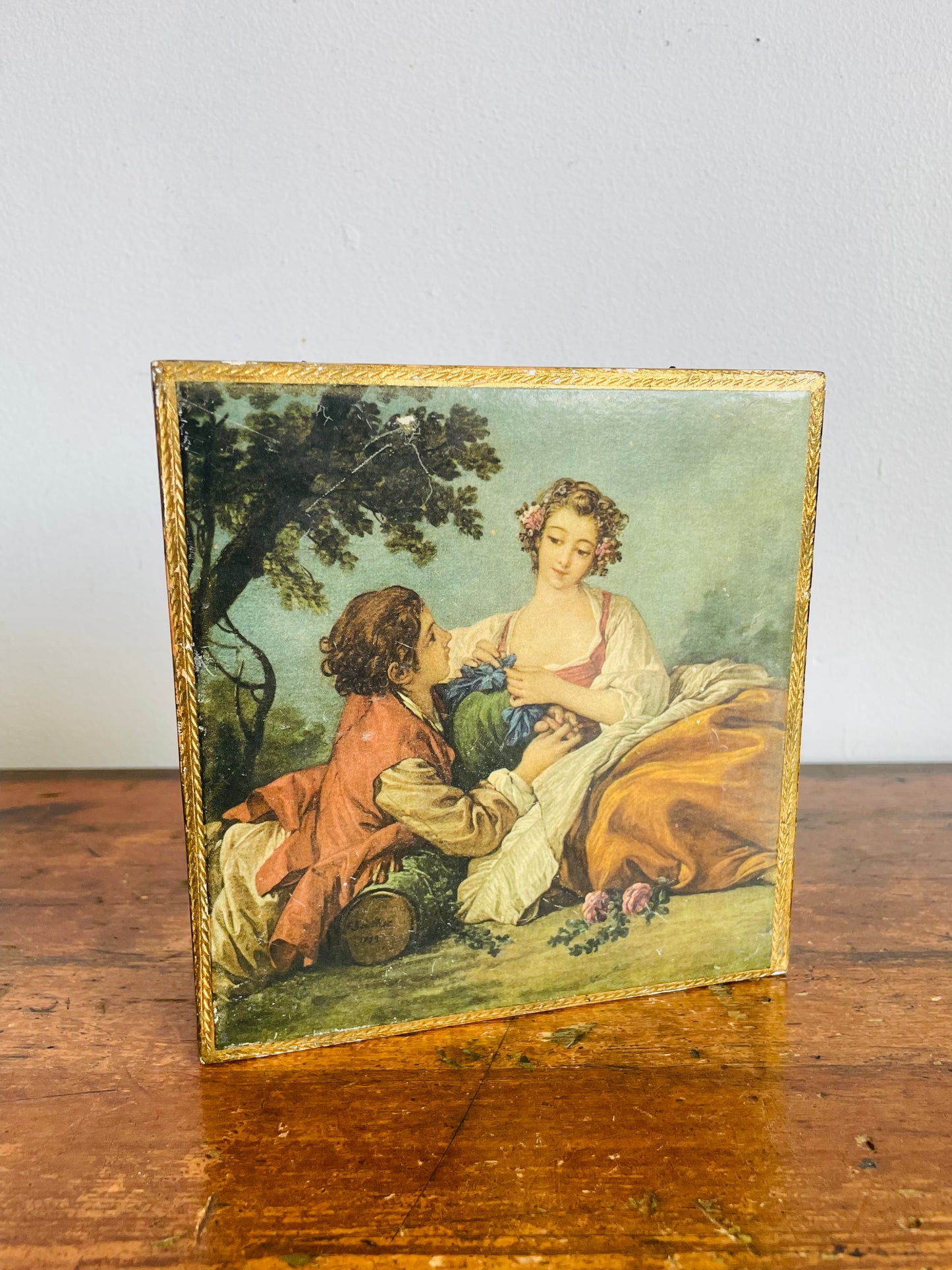Vintage Florentine Box with Hinged Lid & Scene from François Boucher's Painting "La Musette" - Made in Italy