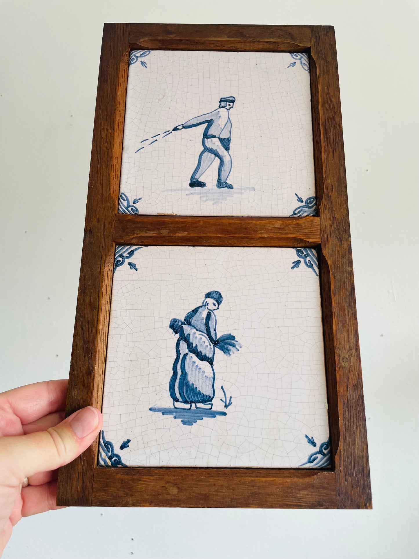 Vintage Framed in Wood Dutch Tiles with Blue & White Farming / Farmer Scenes