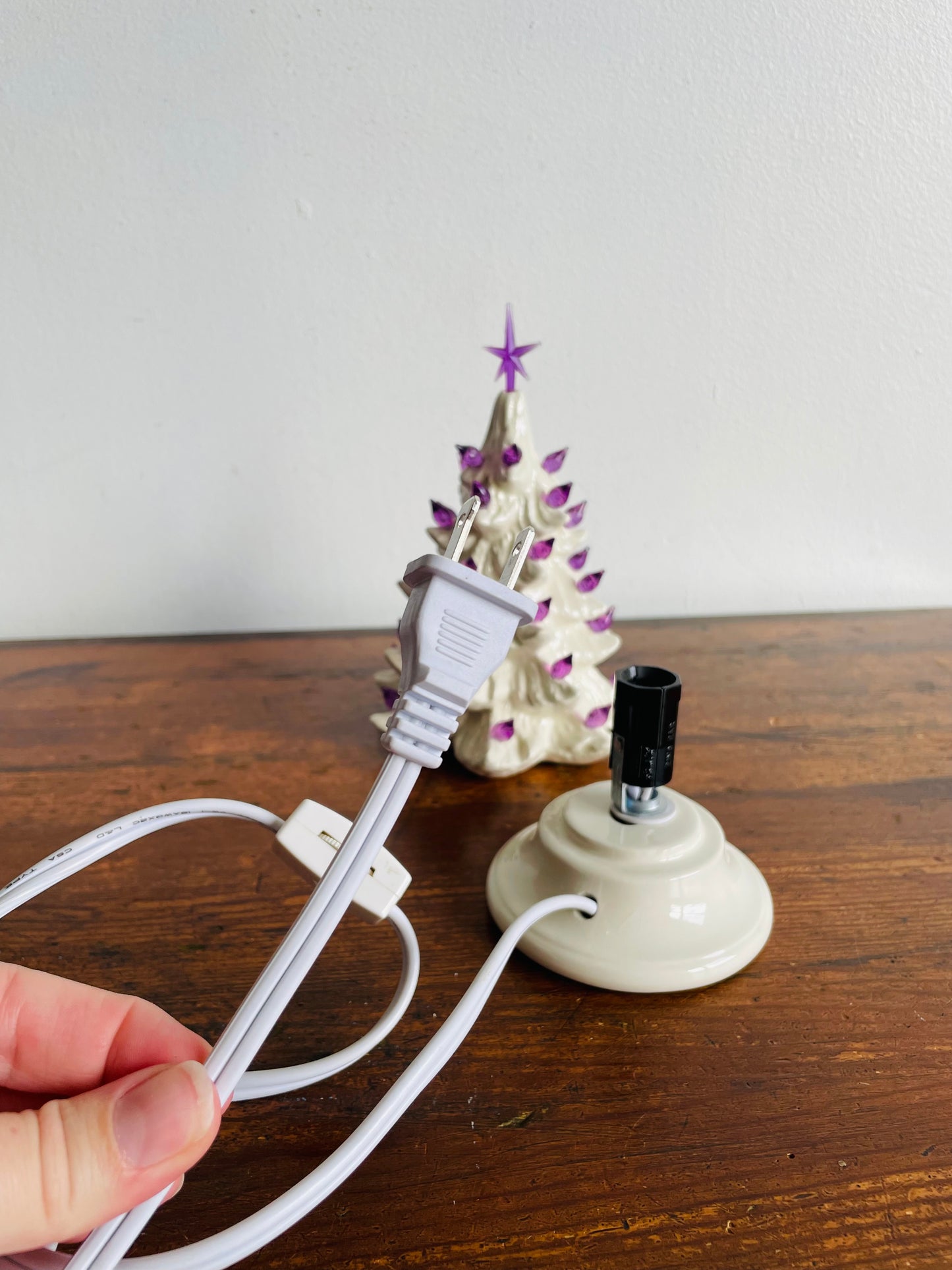 Miniature White Ceramic Light Up Christmas Tree with Purple Bulbs & Star (2005)