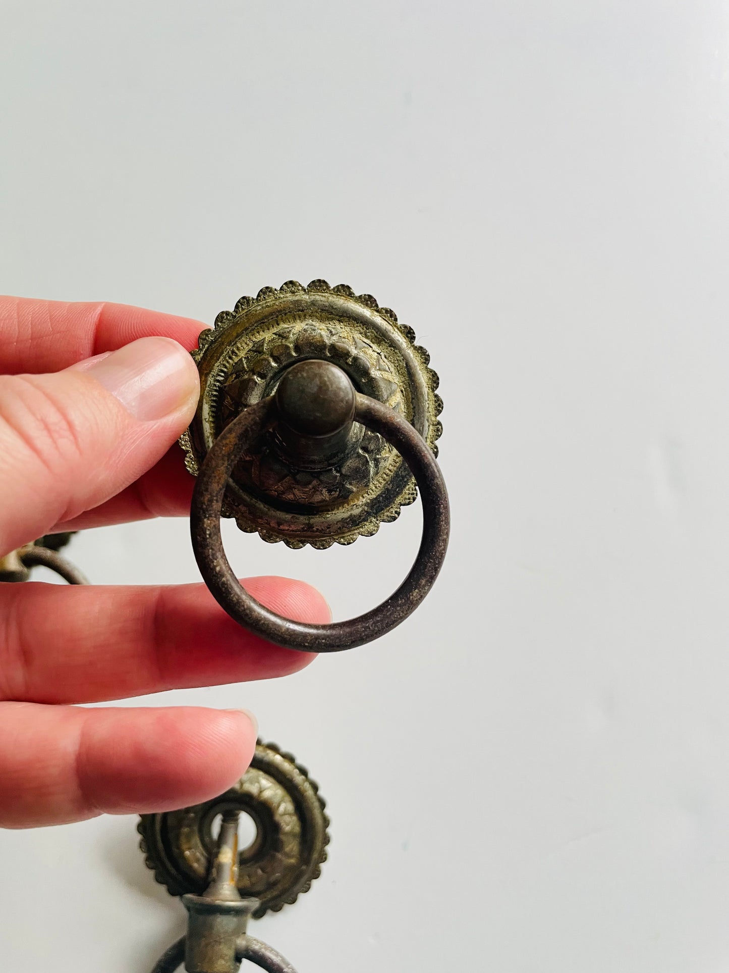 Antique Victorian Tin & Brass Drawer Pull Ring Handles - Set of 3 - As Found