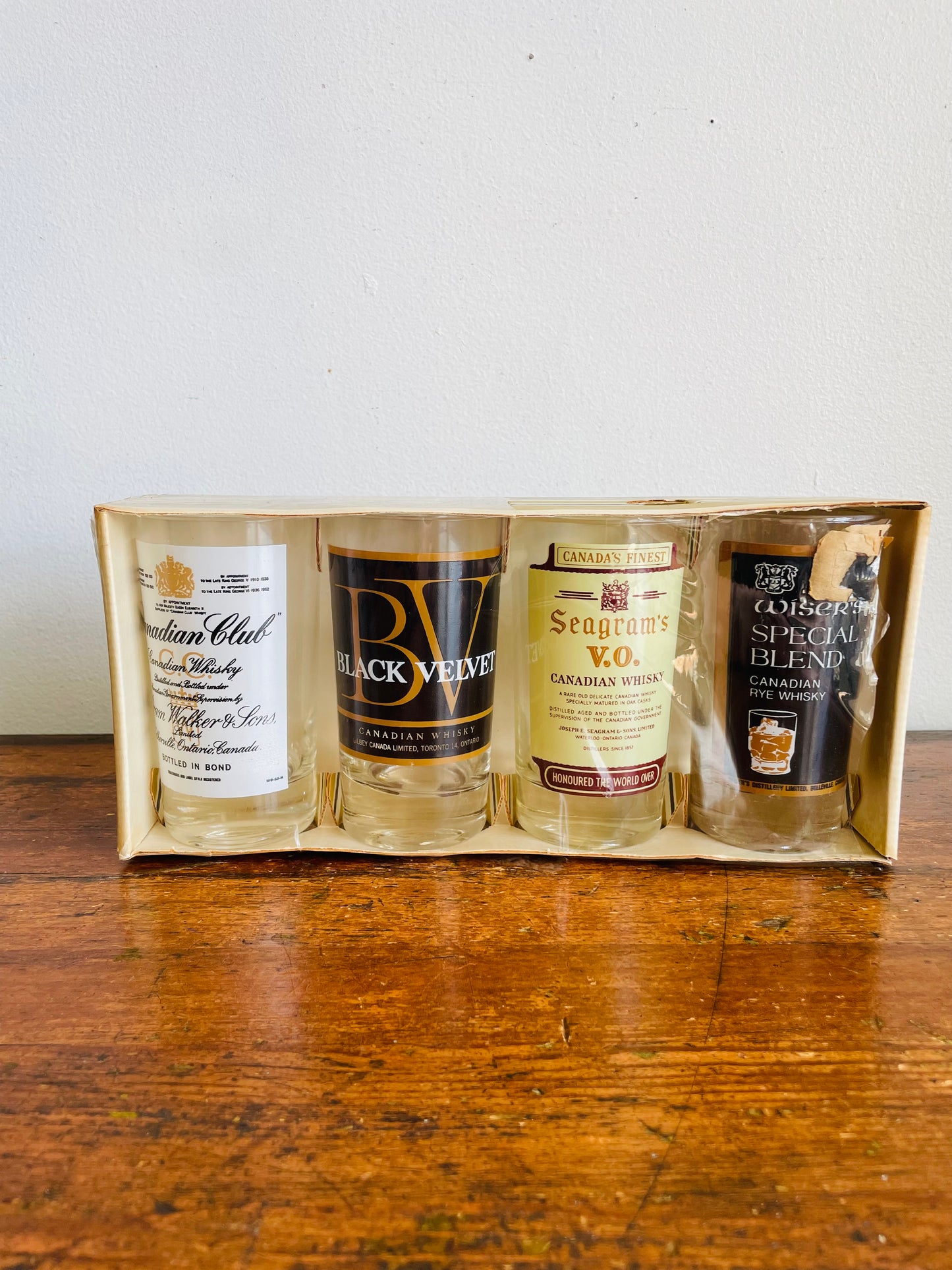 Vintage New Old Stock Canadian Whisky Drinking Glasses - Canadian Club, Black Velvet, Seagram's V.O. & Wiser's - Set of 4 in Original Box - Made in Canada