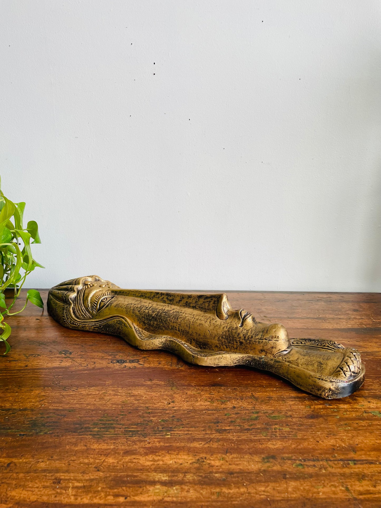 Vintage Stunning Long & Narrow Terracotta Clay Painted Gold Wall Hanging Face Sculpture - No Shipping