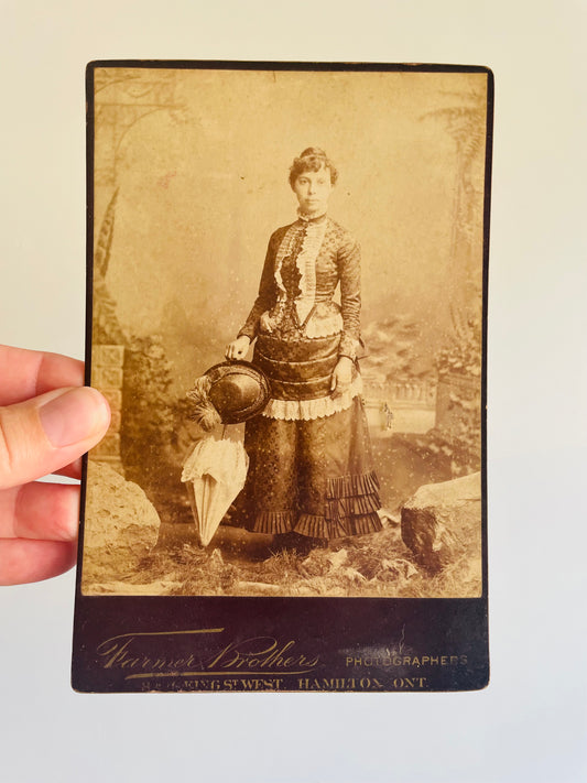 Antique Late 1870s Cardboard Mounted Portrait Picture of Woman in Dress - Stamped Farmer Brothers Photographers 8 & 10 King St. West Hamilton, Ontario