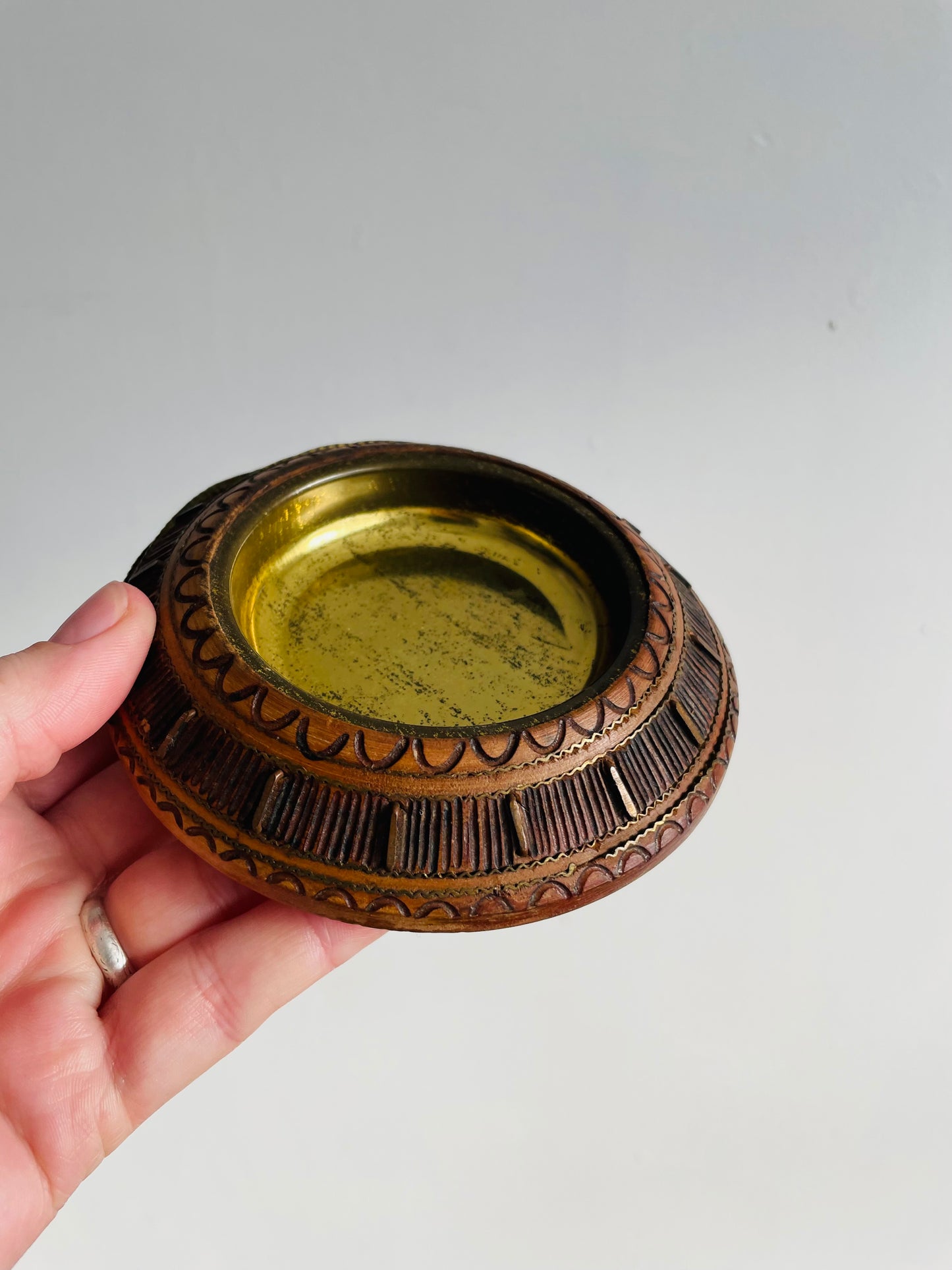 Carved Wood Trinket Bowl Dish with Inlay & Brass Insert