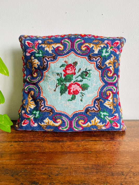 Vintage Gorgeous & Bright Handmade Needlepoint Embroidery Throw Pillow Cushion Cover with Floral Filigree Pattern - Pillowcase Only