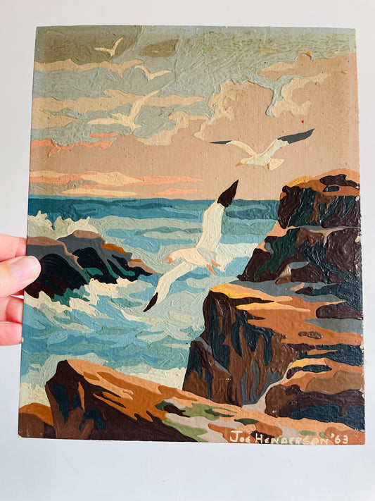 Vintage 1963 Paint by Number (PBN) Picture on Board of Seagulls in Flight over Cliffs & Crashing Waves- 8" x 10"