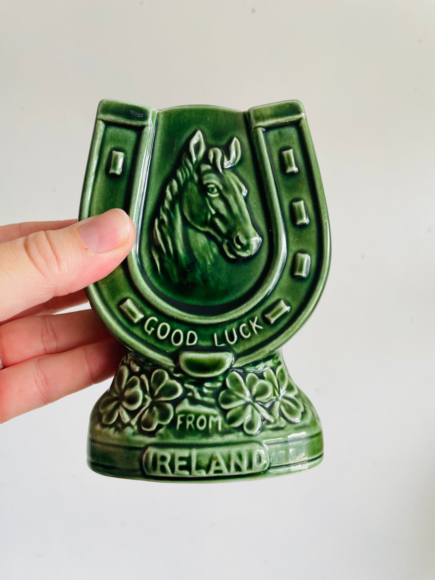 Vintage Green Sylvac 4110 Good Luck From Ireland Vase, Match, or Incense Holder with Horseshoe Horse Equestrian Design #2 - Made in England