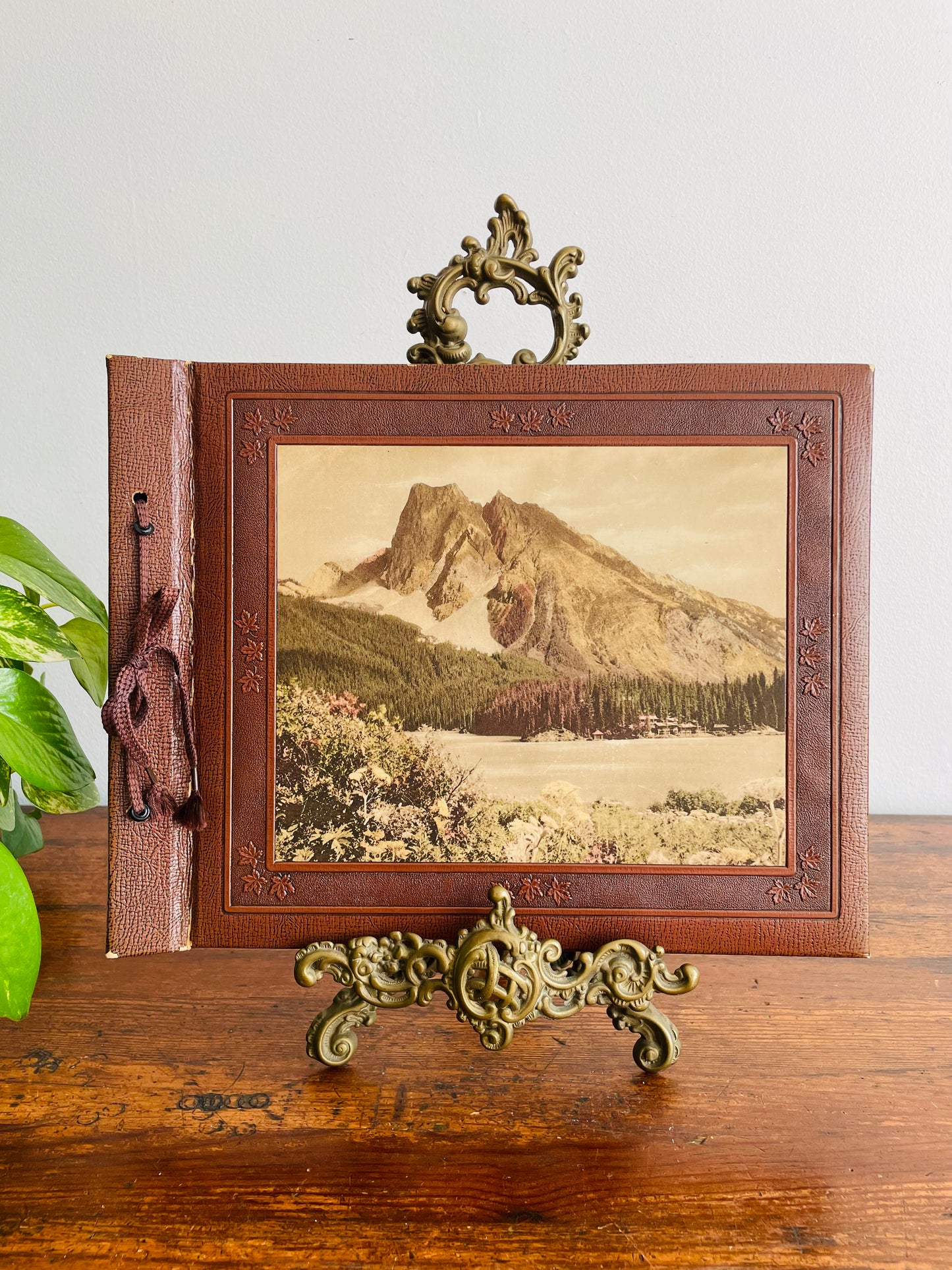 Antique Photo Album or Scrapbook - Brown with Embossed Maple Leaves & Landscape Photo of Mountain with Cabins - Black Pages - Empty