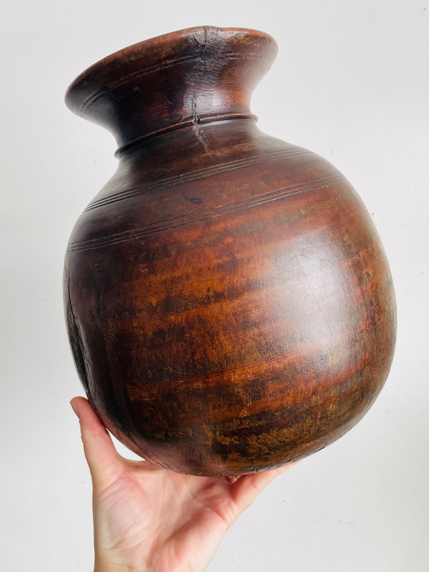 Vintage / Possibly Antique Wood Himachal Pot Vase - Handcrafted & Carved from a Single Piece of Wood - Tribal Northern India - Himachal Pradesh Region - Originally Used to Store Water