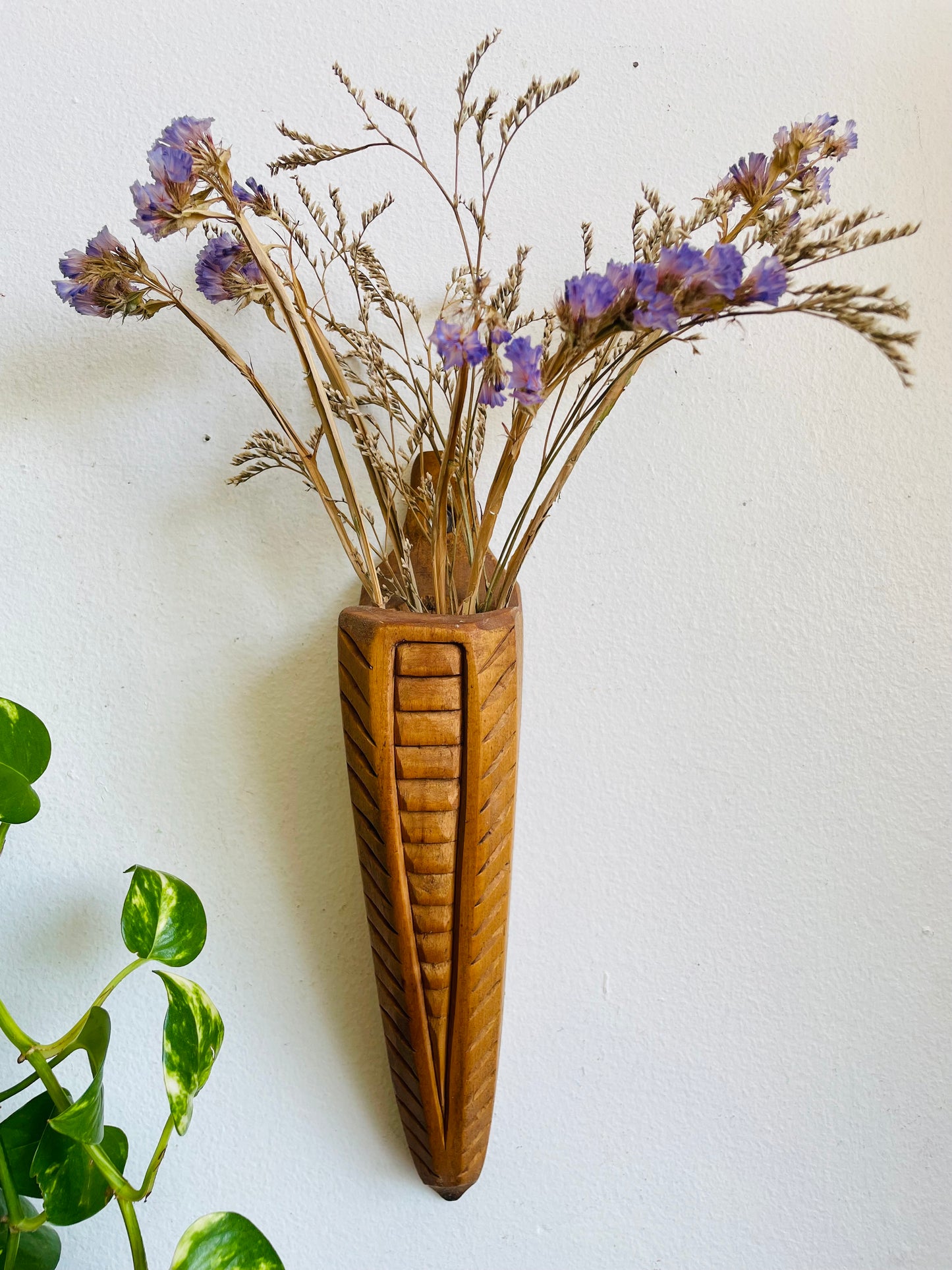 Vintage Hand Carved Wood Wall Pocket Vase with Flower & Stripe Design